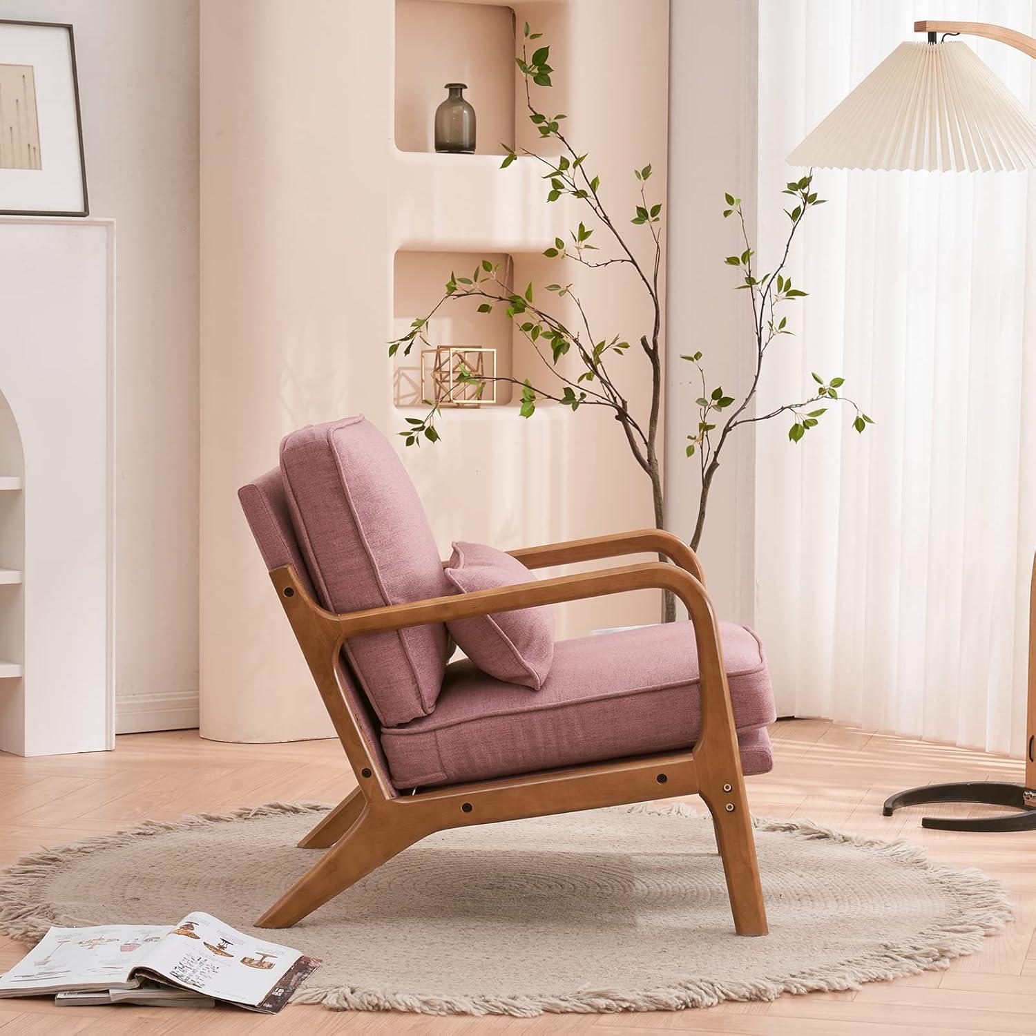 George Oliver Lemley Mid Century Solid Wood Accent Chair Upholstered Armchair with an Extra Pillow