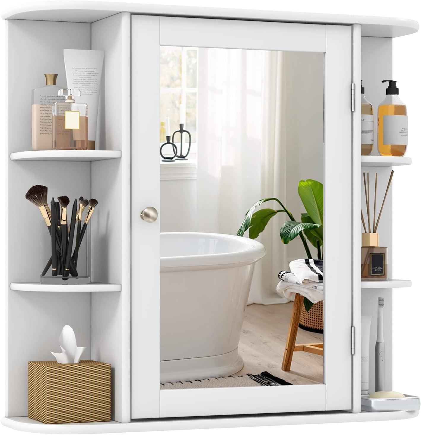 White MDF Wall Mounted Bathroom Cabinet with Mirror and Shelves