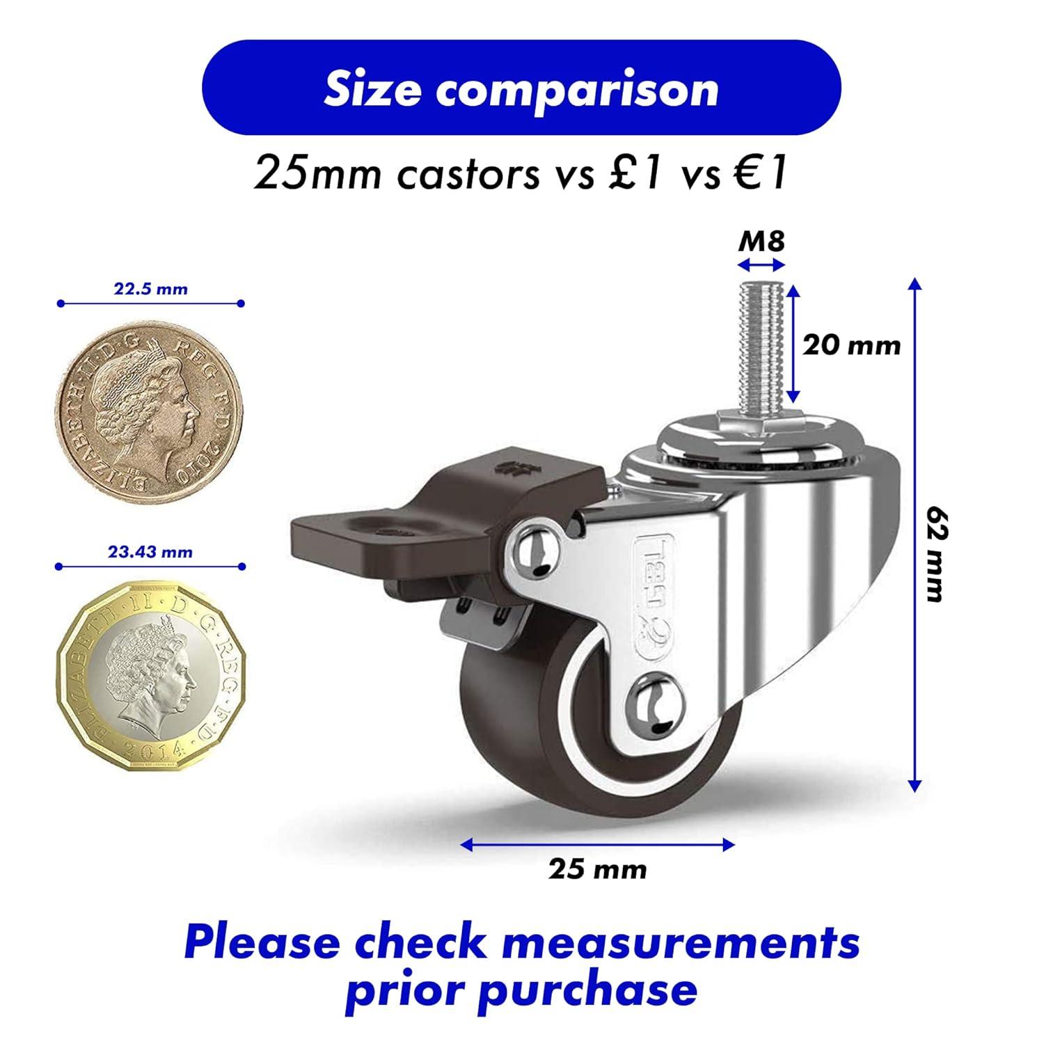 GBL Polyurethane 1 in Swivel Casters with Brakes, Silver, 4 Count, 4 Pack