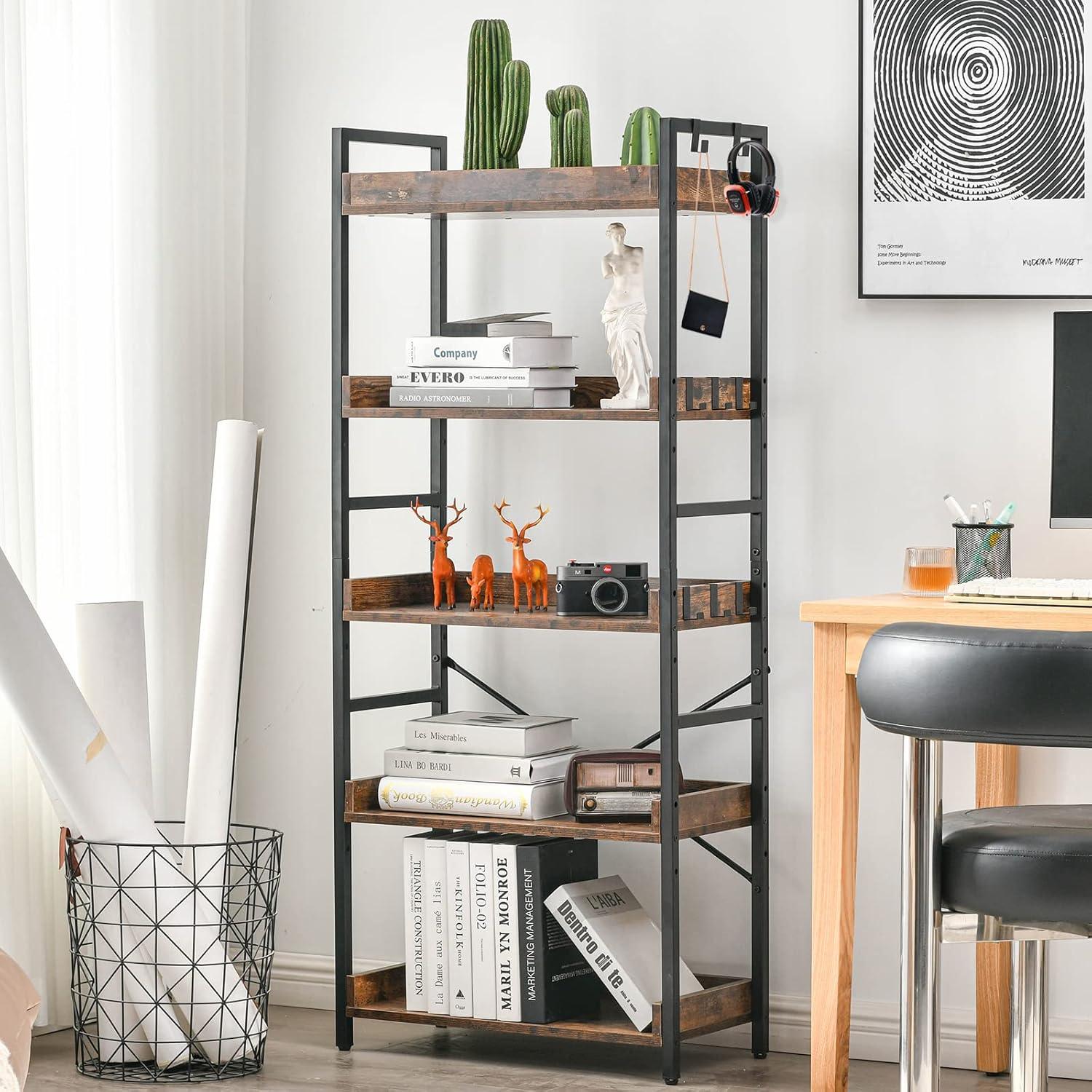 Adjustable Black Metal and Wood 5-Tier Bookshelf