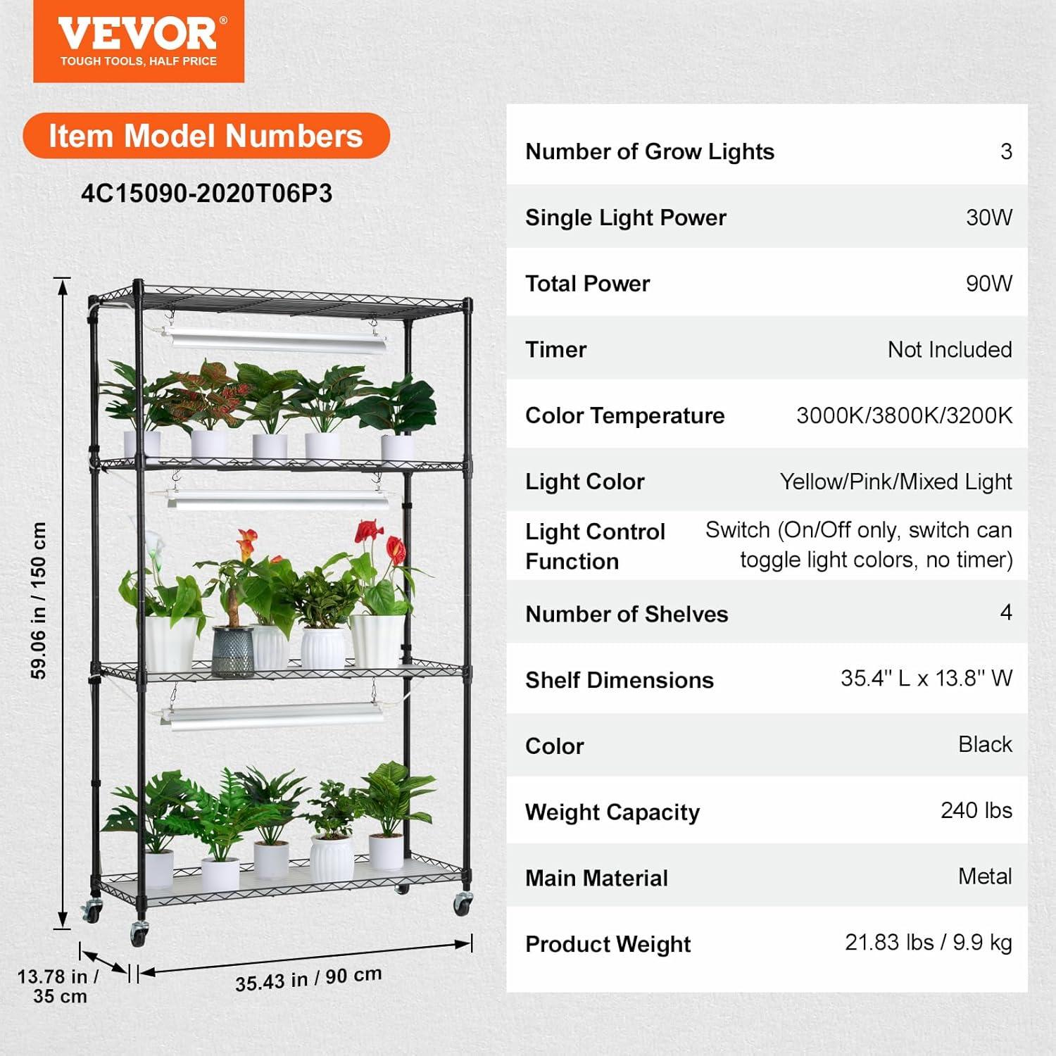 Black Metal 4-Tier Plant Stand with Adjustable Grow Lights