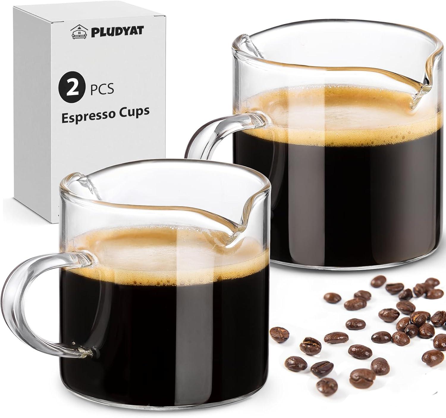 Espresso Cups Set of 2, 4 oz Double Spouts Cup, Espresso Shot Glasses with Handle, V-Shaped Spout Milk Cup, Borosilicate Glass, Mini Clear Glasses for Coffee Bar, Machine Accessories