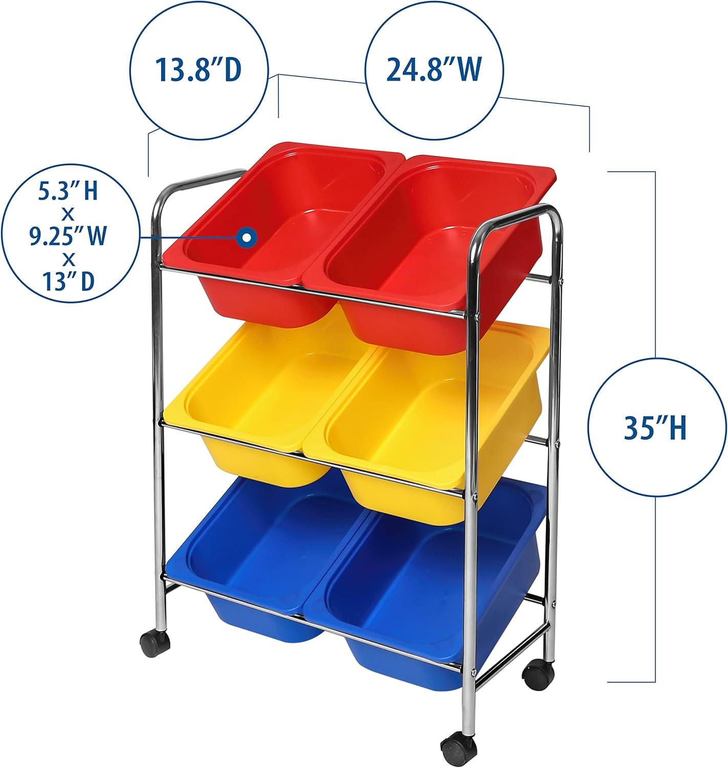 Seville Classics Rolling Utility Organizer Storage Cart, for Home Office, School, Classroom, Scrapbook, Hobby, Craft, 6-Bin, Multicolor