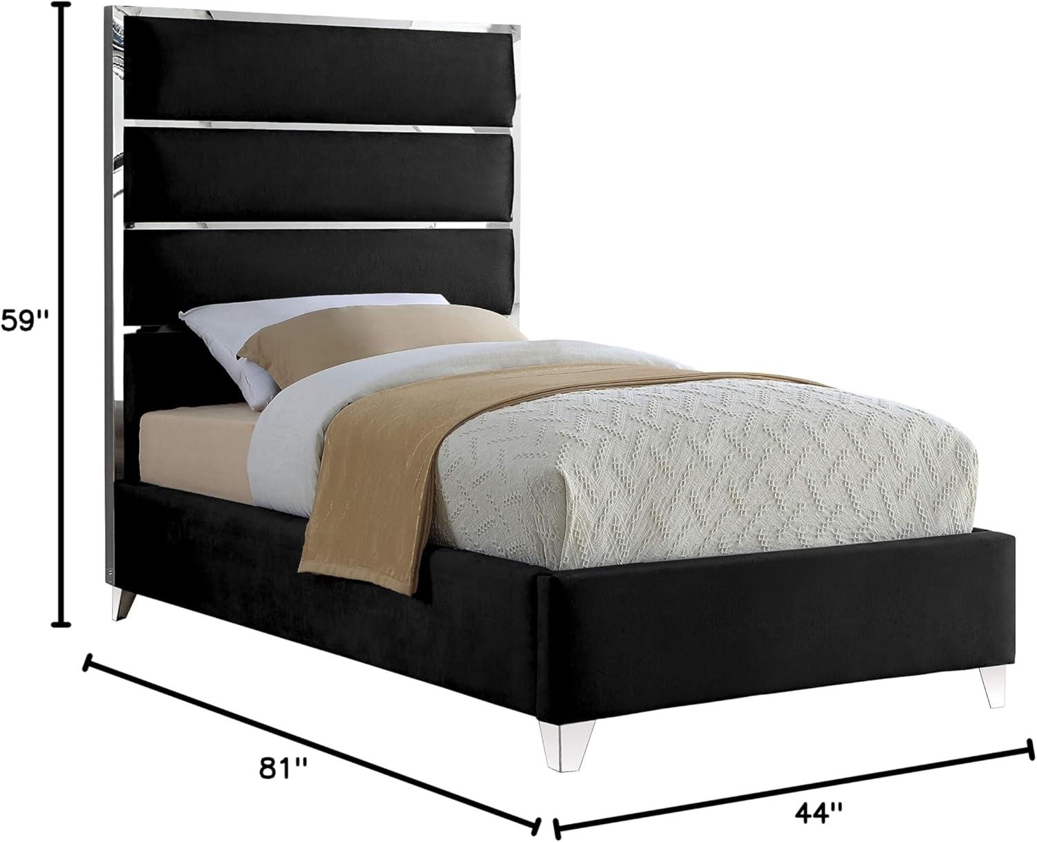 Black Velvet Twin Bed with Chrome Accents and Upholstered Headboard