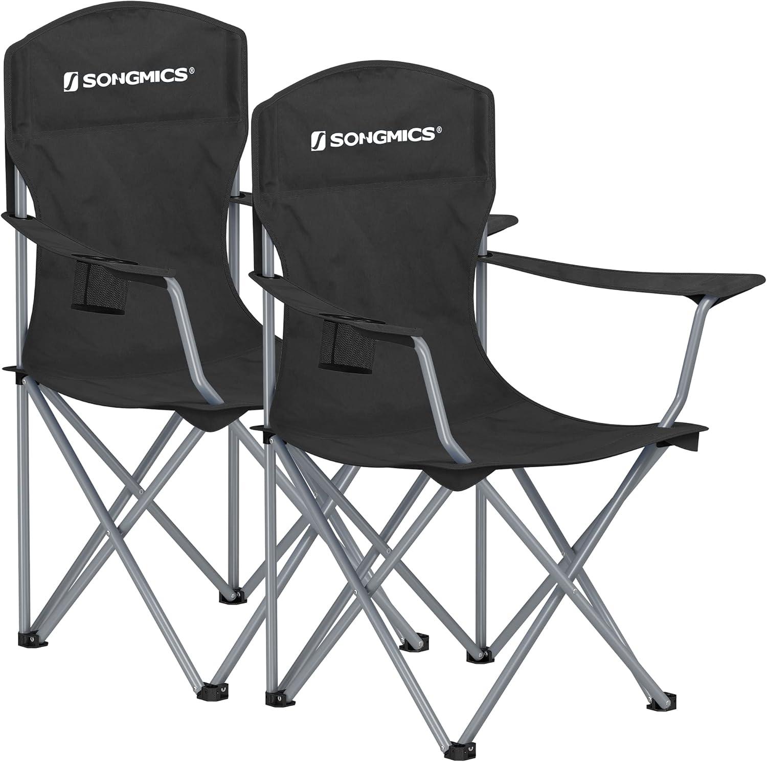 Set of 2 Black Folding Camping Chairs with Cup Holders