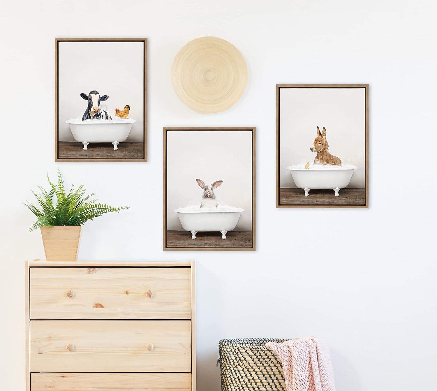Kate & Laurel All Things Decor 18"x24" Sylvie Cow and Chicken in Rustic Bath Frame Canvas by Amy Peterson: Whimsical Wall Art