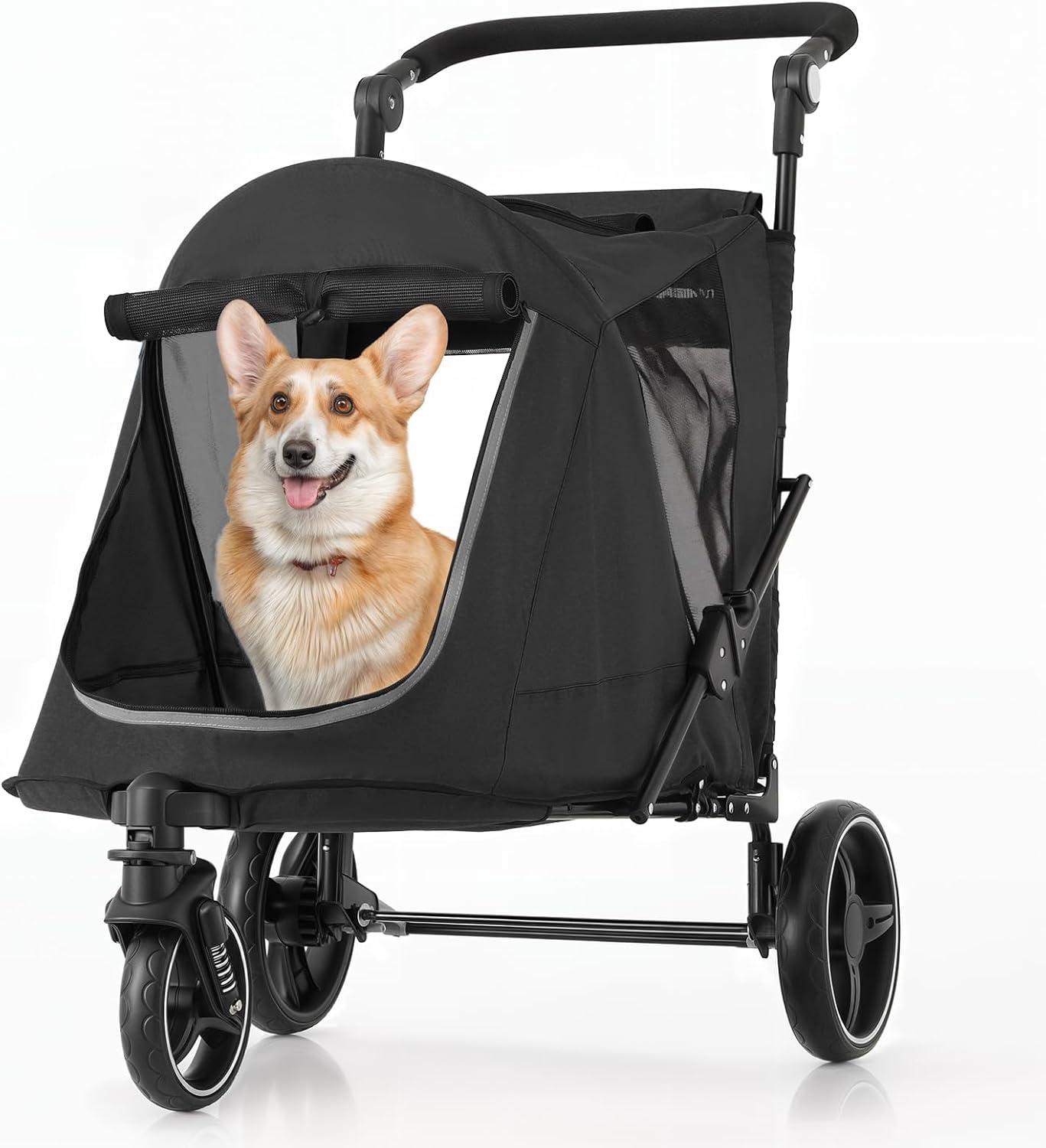 Folding 3 Wheel Pet Stroller, Foldable Dog Jogger Stroller with Adjustable Handlebar and Mesh Window