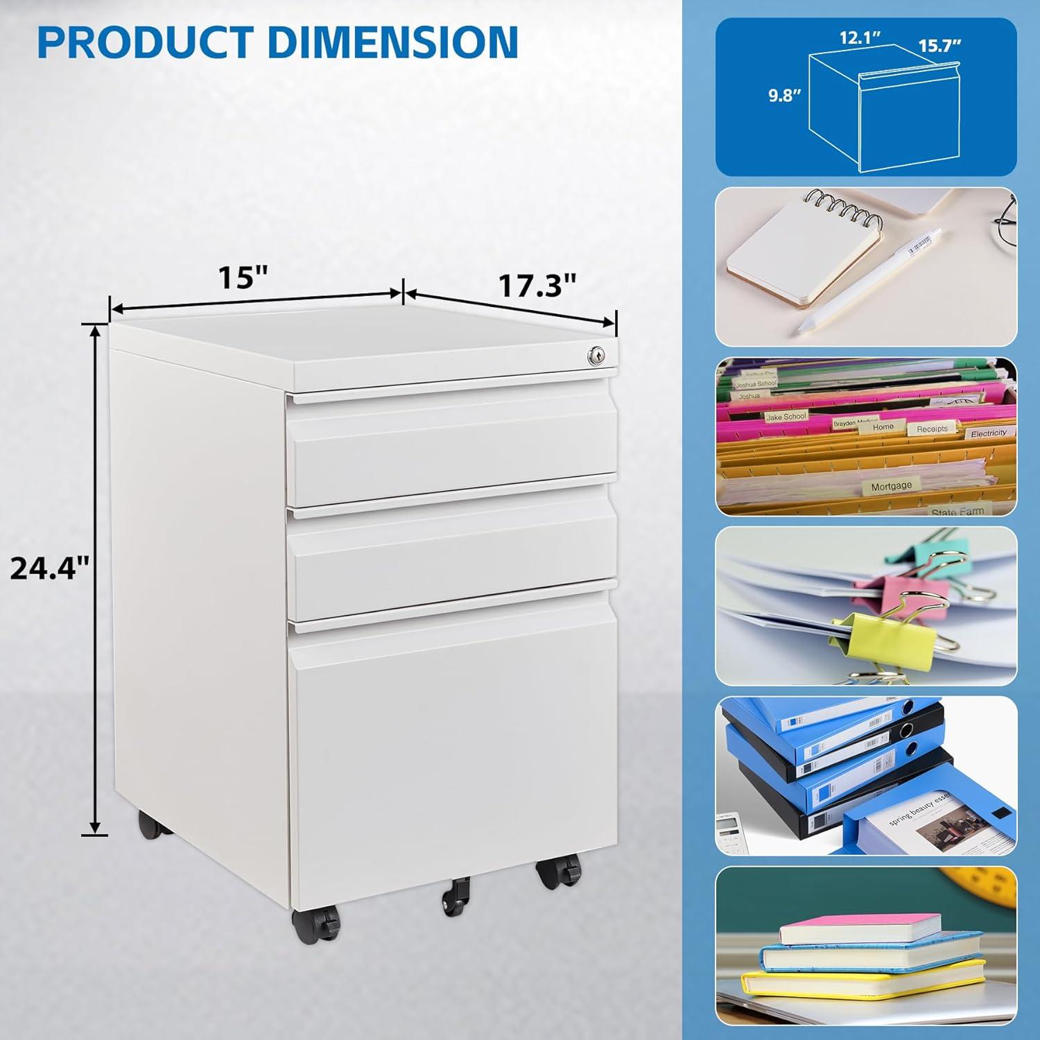 3 Drawers File Cabinet with Lock Metal Vertical File Cabient with Wheels Mobile File Cabinet for Office Home Assembly Required (White)