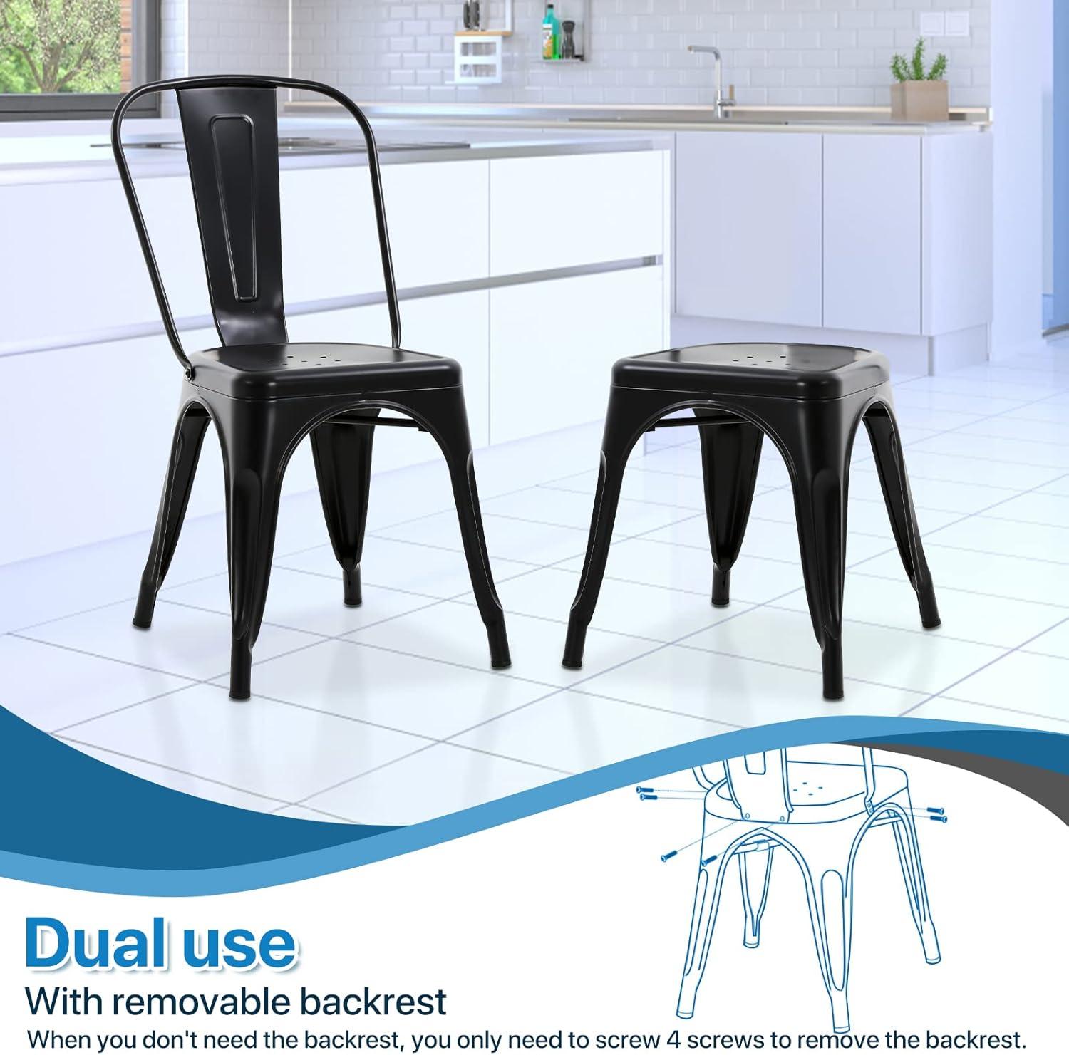 Metal Chairs Set of 4, Stackable Metal Patio Chairs 18 Inch Seat Height, Indoor/Outdoor Tolix Side Chair with Back, 330LBS Weight Capacity, Chic Kitchen Dining Chairs, Black