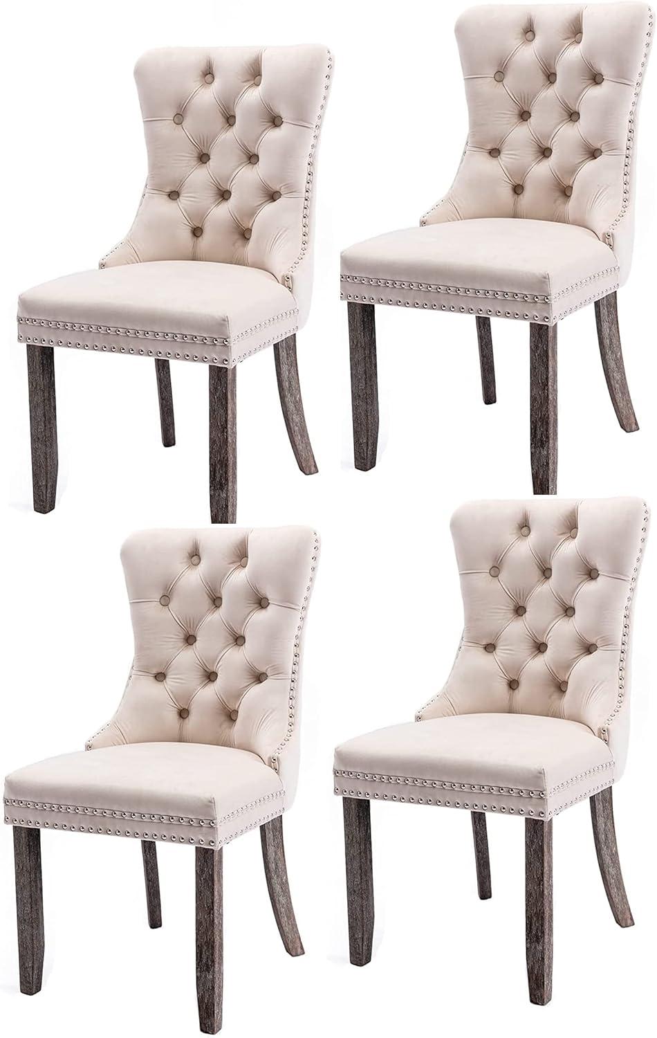 SoarFlash Velvet Dining Chairs Set of 4, Tall Back Side Chair, Modern Upholstered High-end Tufted Side Chair with Button Back Ring, Solid Wood Legs (Beige)