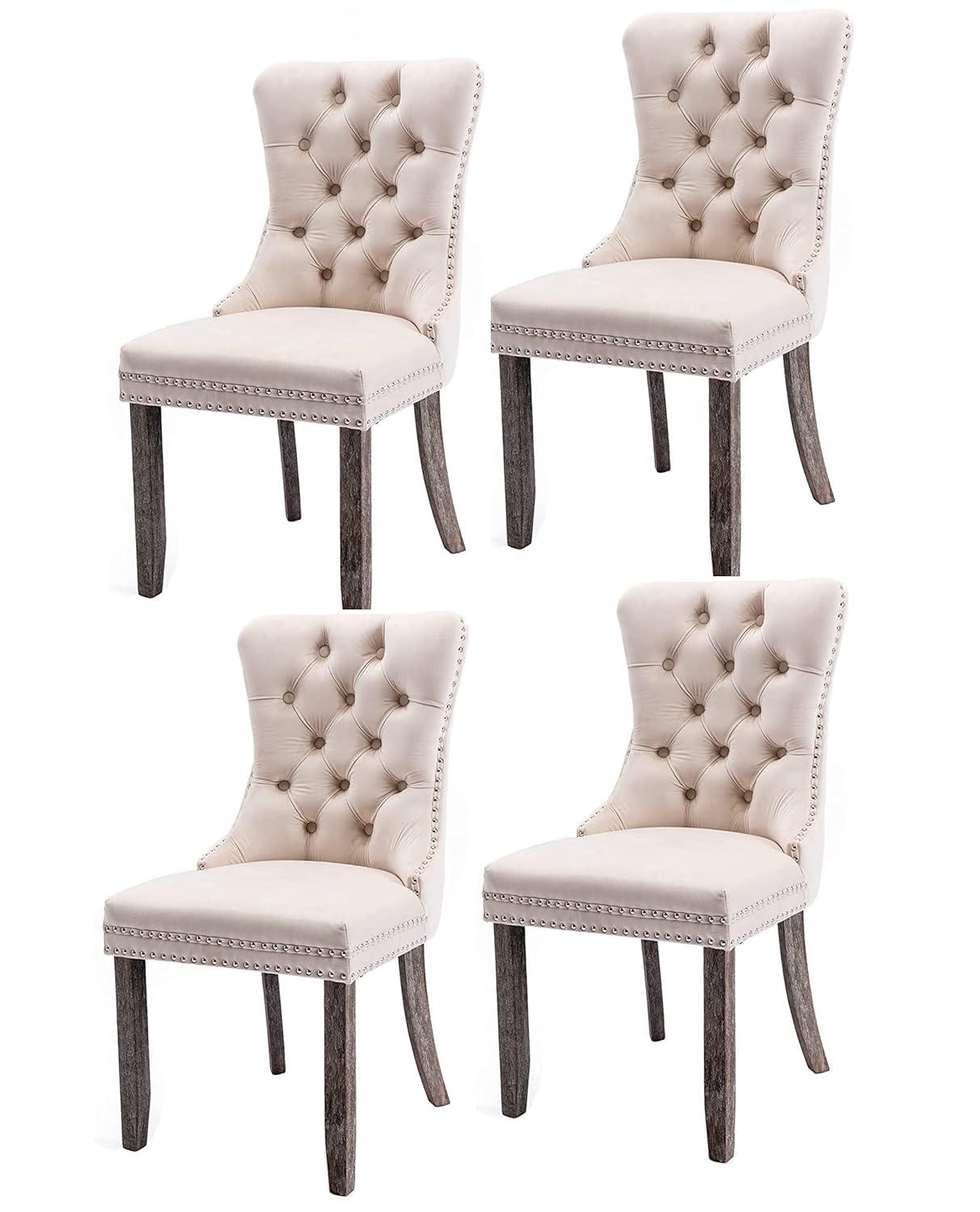 SoarFlash Velvet Dining Chairs Set of 4, Tall Back Side Chair, Modern Upholstered High-end Tufted Side Chair with Button Back Ring, Solid Wood Legs (Beige)