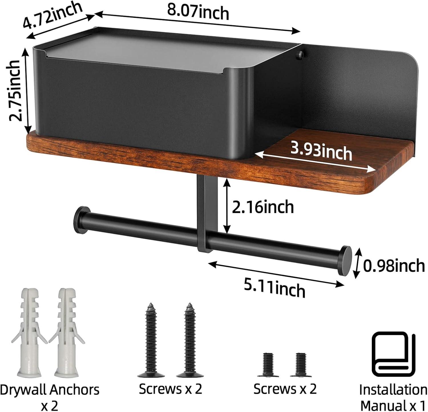 Black Metal and Wood Double Roll Toilet Paper Holder with Shelf