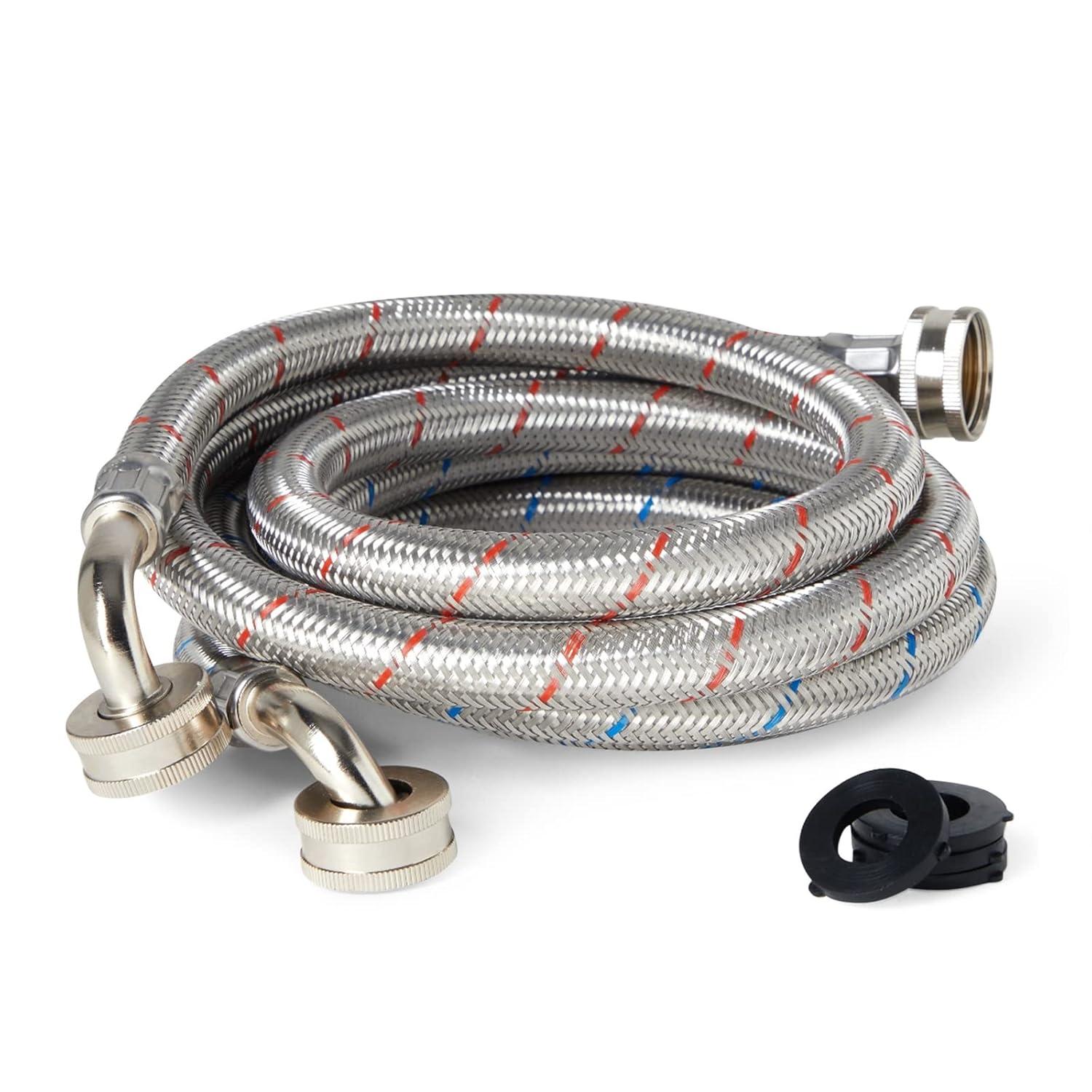 2 Pack Universal Washing Machine Hoses with 90 Degree Elbow Connection, Stainless Steel Rust and Burst Protection (4 Feet)