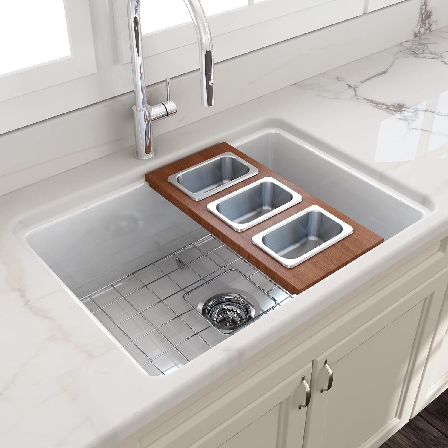 BOCCHI Wood Board With 3 Rectangular Stainless Steel Bowls F/1344, 1348, 1360, 1362, 1504, 1505, 1506 (Short Side Only), 1627, 1628