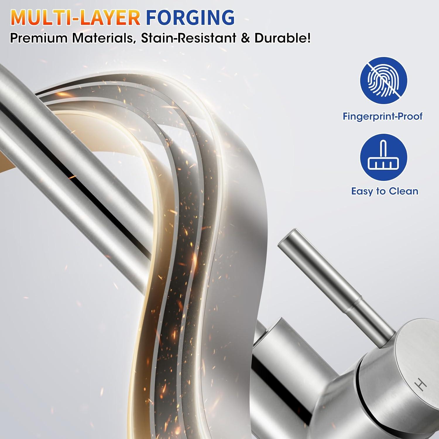 MODERN WALLS LLC B07Y4Y88Y6 Kitchen Faucets, Brushed Nickel Kitchen Faucet With Pull Down Sprayer, High Arc Single Handle Stainless Steel Sink Faucets 1 Or 3 Hole, Kitchen Sink Faucets For Farmhouse Camper Laundry Rv Bar