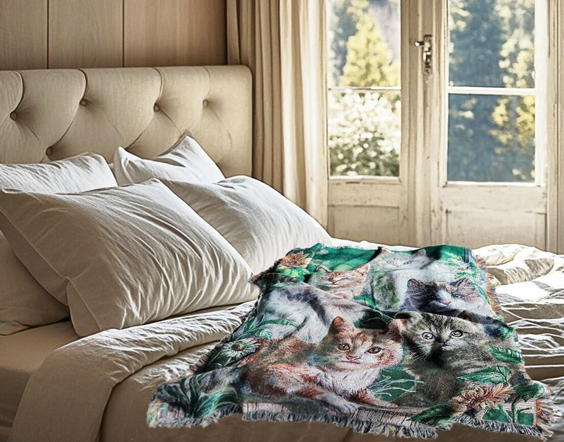 EZ.enjoy Garden Cat Flower Woven Tapestry Throw Blanket Wall Hanging Art Handicrafts Jacquard Multipurpose Soft Travel Mat Outdoor with Fringe Tassels 50 X 60 Inches
