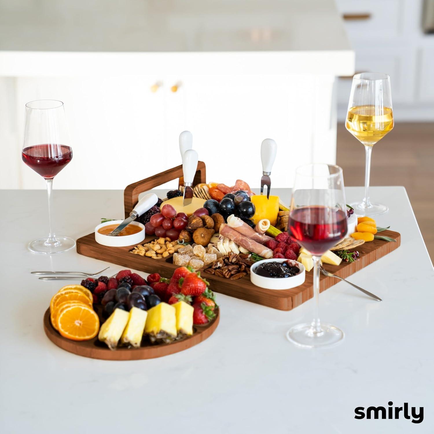 SMIRLY Charcuterie Board Set Large Bamboo Cheese Board with Fruit Tray & 2 Ceramic Bowls