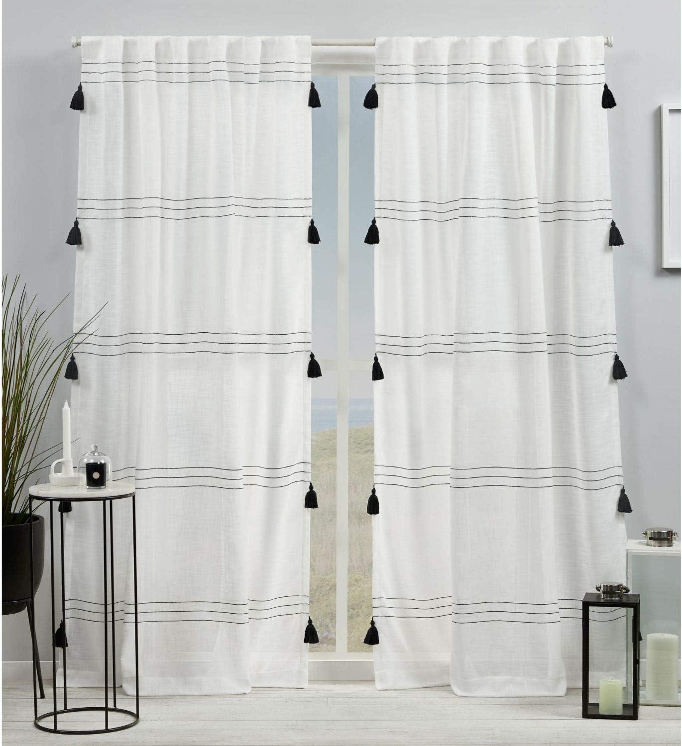 Demi Light Filtering White Linen-Like Curtain Panels with Black Tassels