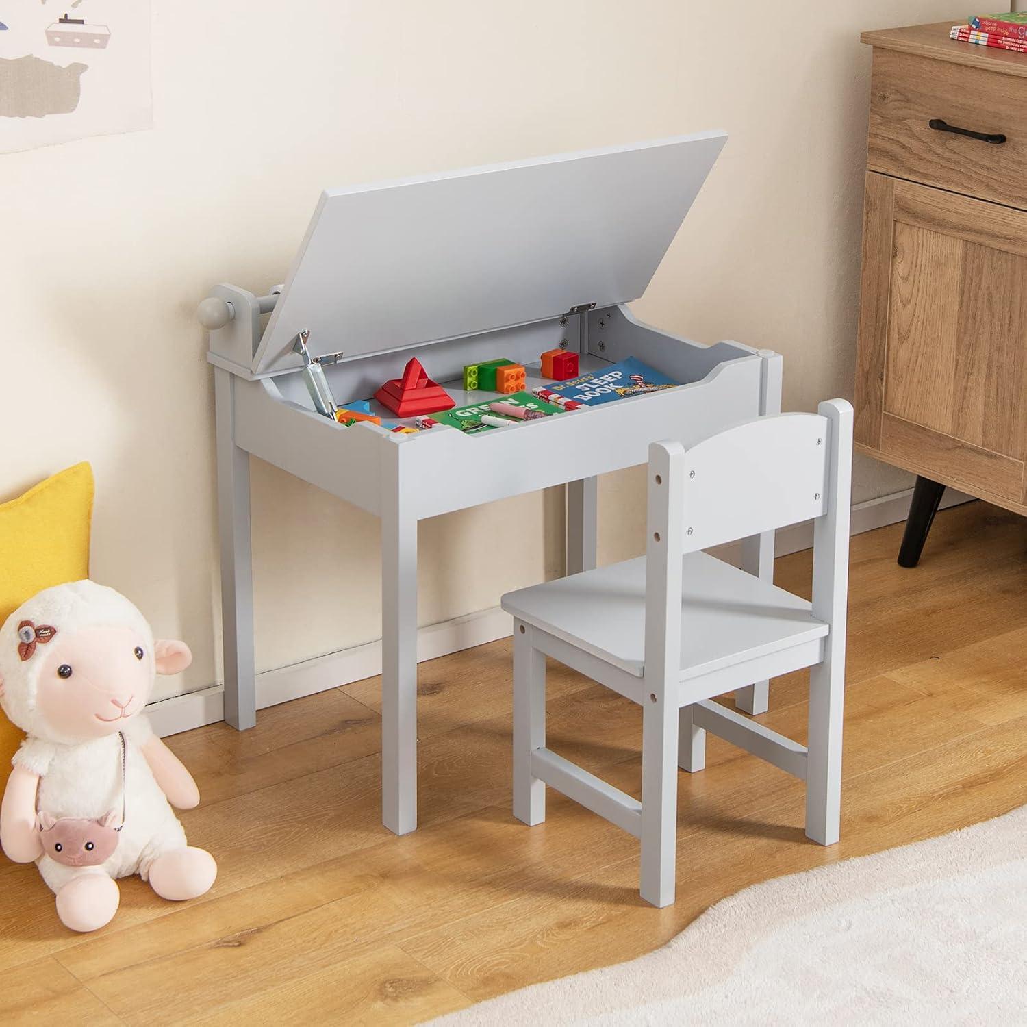 Gray Wooden Kids Activity Table and Chair Set with Storage