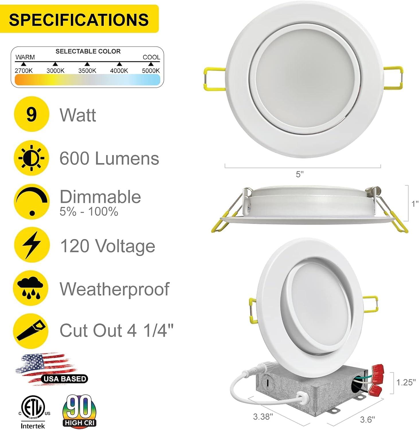 Adjustable Downlight 4'' Selectable Color Temperature Dimmable Air-Tight IC Rated LED Canless Recessed Lighting Kit