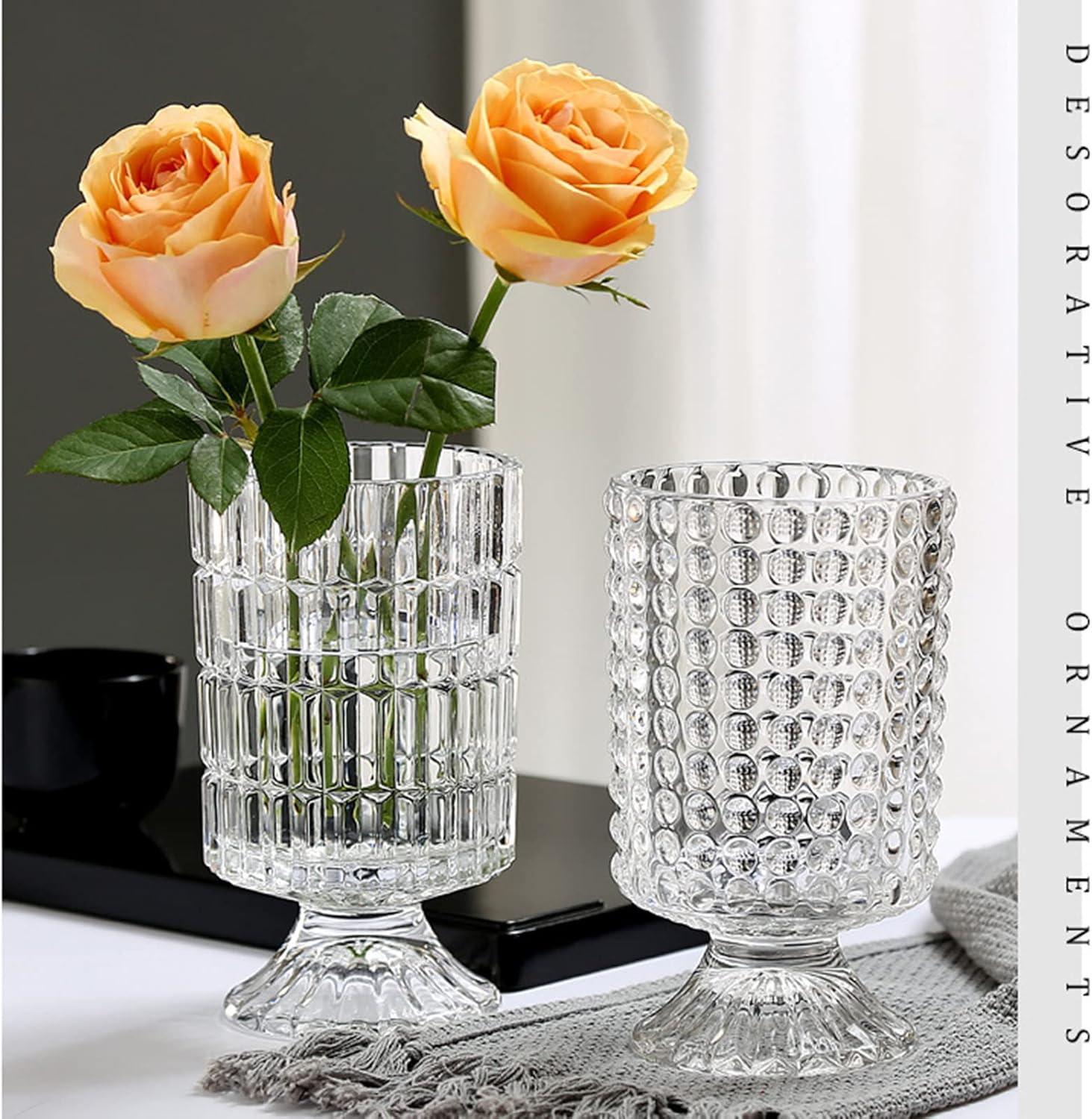 7 Inch Modern Glass Vase with Embossed Ribbed Base - Clear Hydroponic Design for Home Decor, Weddings Party Living Room, Dining Table Floral Arrangement Centerpiece