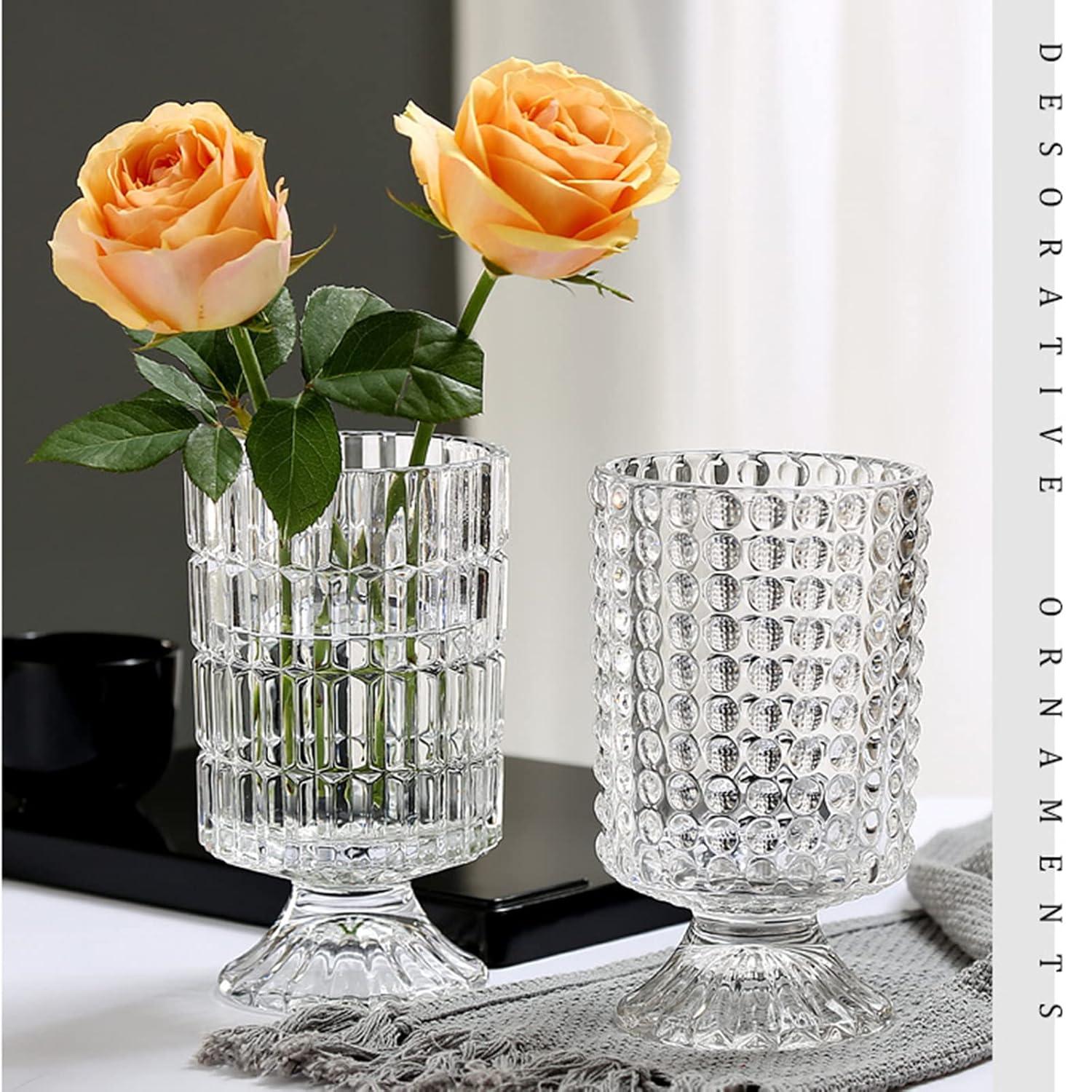 7 Inch Modern Glass Vase with Embossed Ribbed Base - Clear Hydroponic Design for Home Decor, Weddings Party Living Room, Dining Table Floral Arrangement Centerpiece