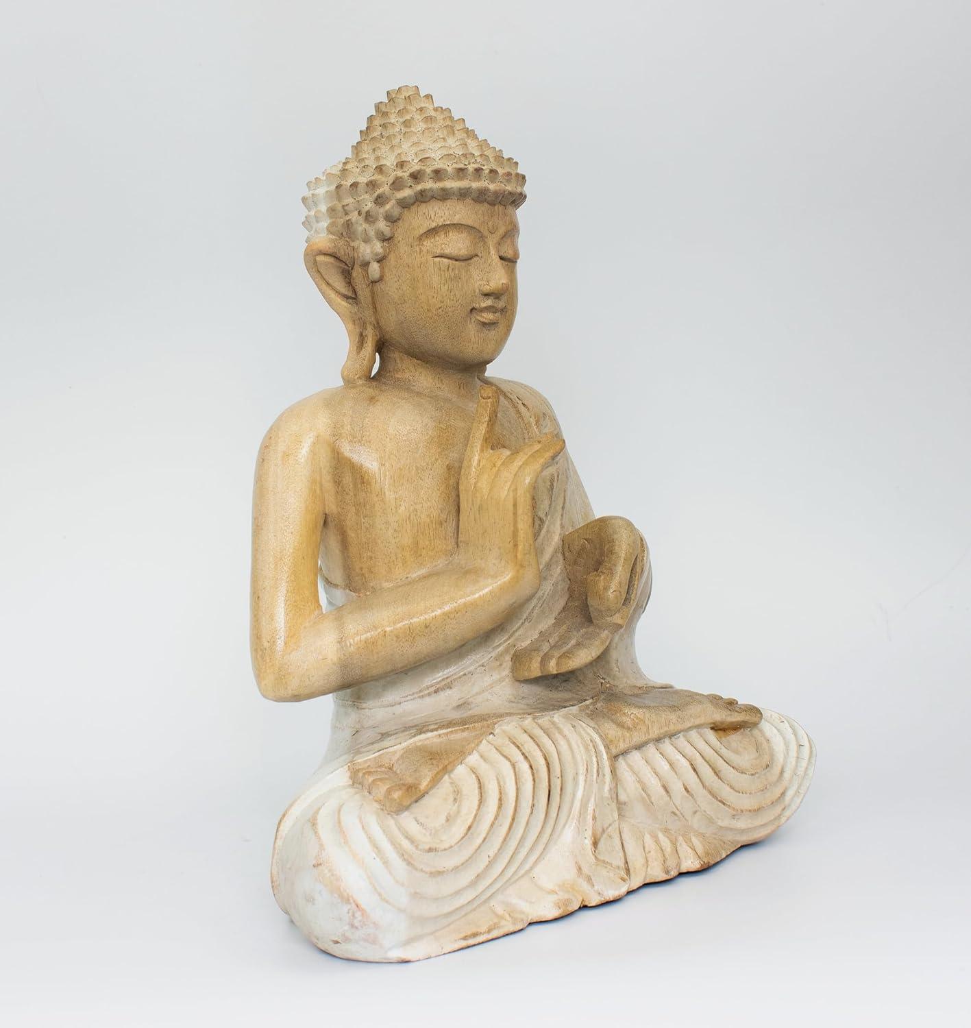 12" Whitewashed Wooden Meditating Buddha Statue in Suar Wood