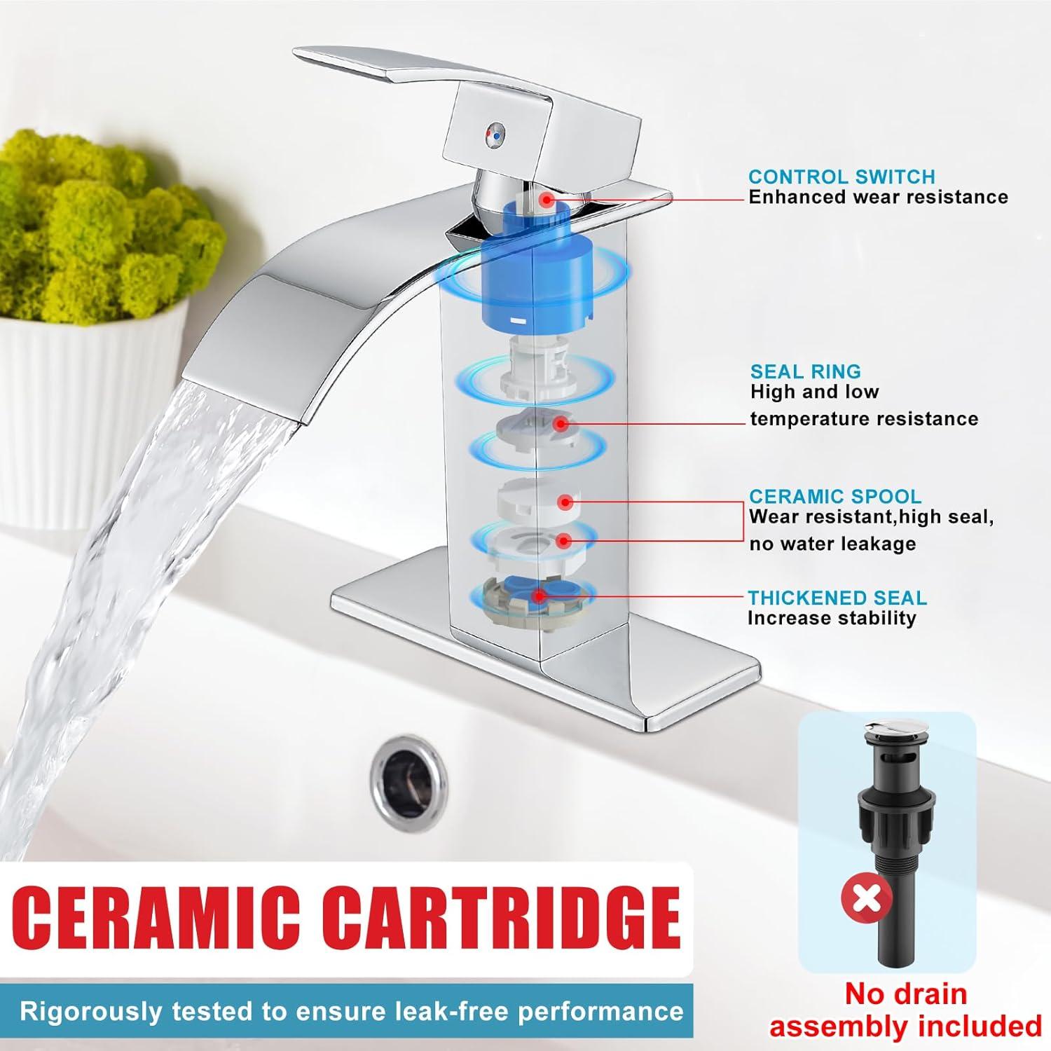 Midanya Waterfall Spout Bathroom Faucet Single Handle 1 Hole Bathroom Sink Faucet,Modern RV Lavatory Vanity Basin Tap with Water Hose,Short Body,Polish Chrome