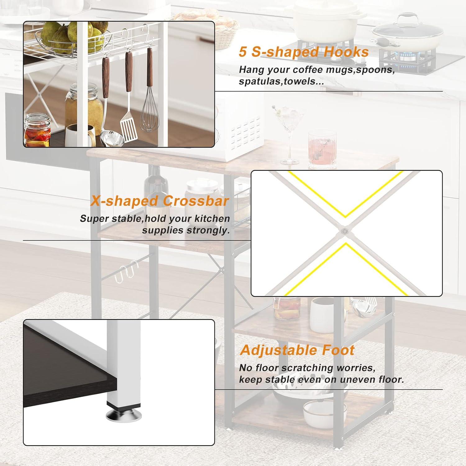 soges 3-Tier Kitchen Baker's Rack with Storage, Microwave Stand, Kitchen Storage Rack, Shelf Organizer, Coffee Bar Station, Workstation Cart, Walnut Black