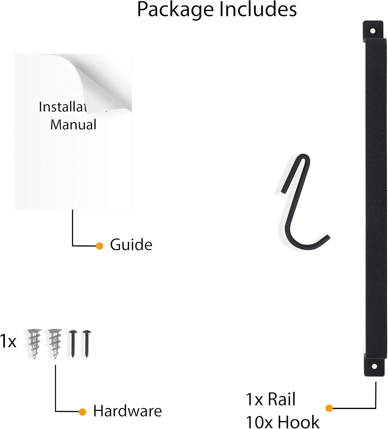 Wallniture Gourmet Kitchen Rail with 10 Hooks, Wall Mounted Wrought Iron Hanging Utensil Holder Rack with Black 17 Inch