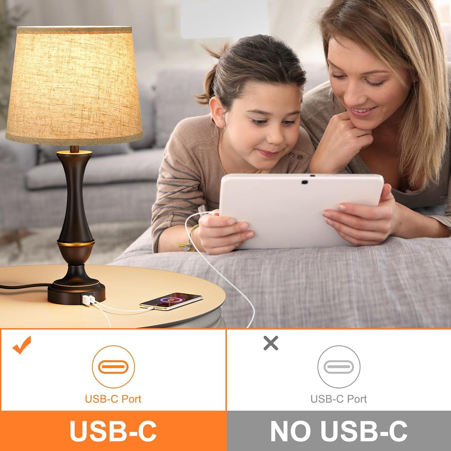 Upgraded Touch Lamps for Night Stands Set of 2 - Bedside Lamps with USB C+A, 3 Way Dimmable for Bedroom Living Room End Tables Office (Grey&Nickel)