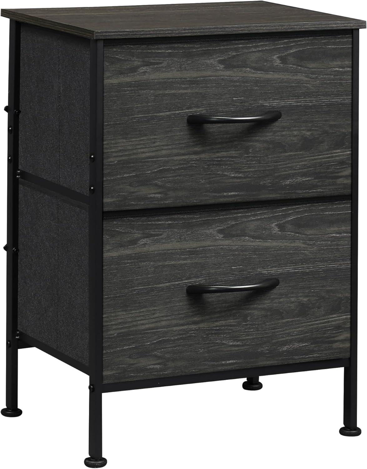 Black Fabric 2-Drawer Nightstand with Steel Frame