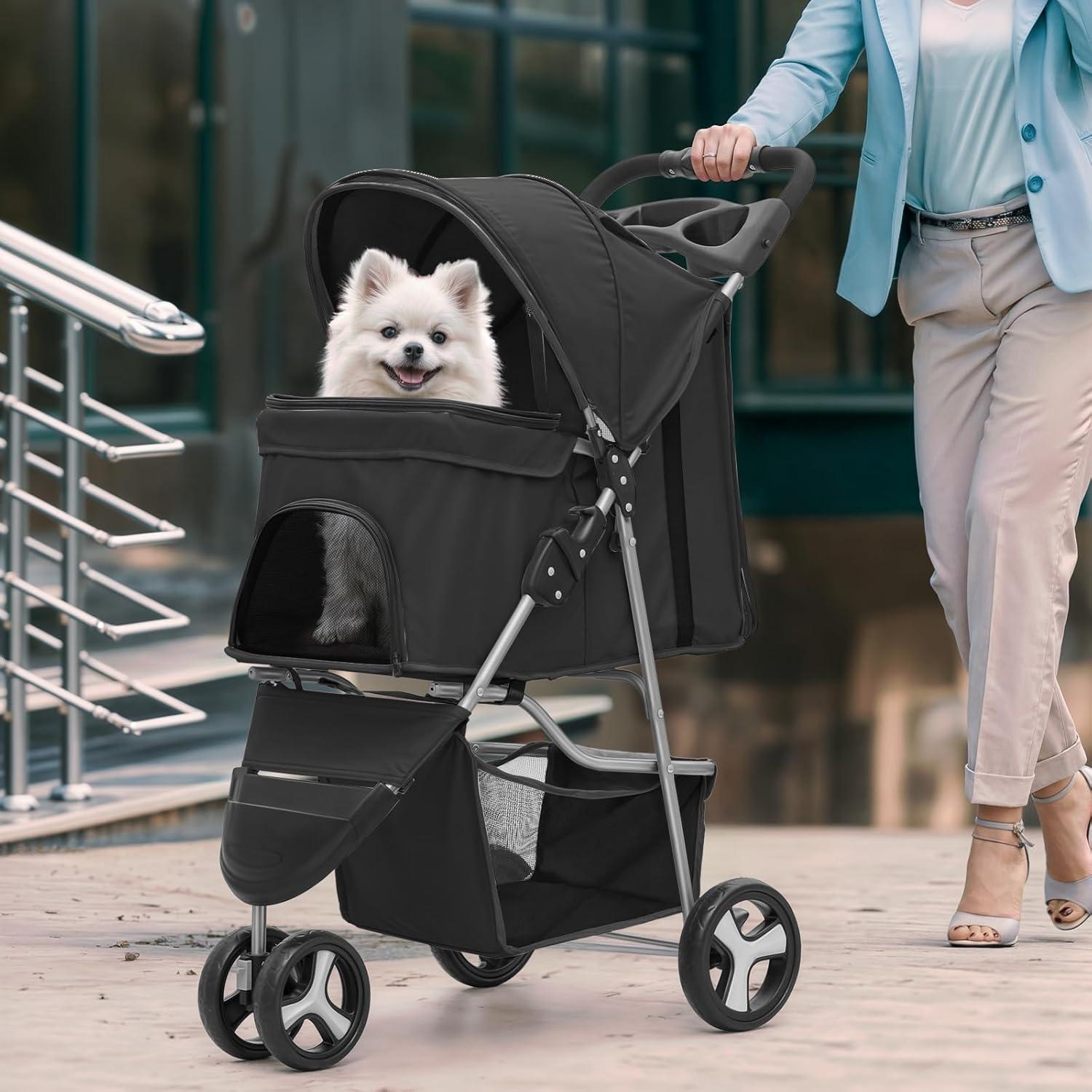 Magshion Foldable Pet Dog and Cat Stroller with Adjustable Canopy Storage Basket and Cup Holder for Small and Medium Pets