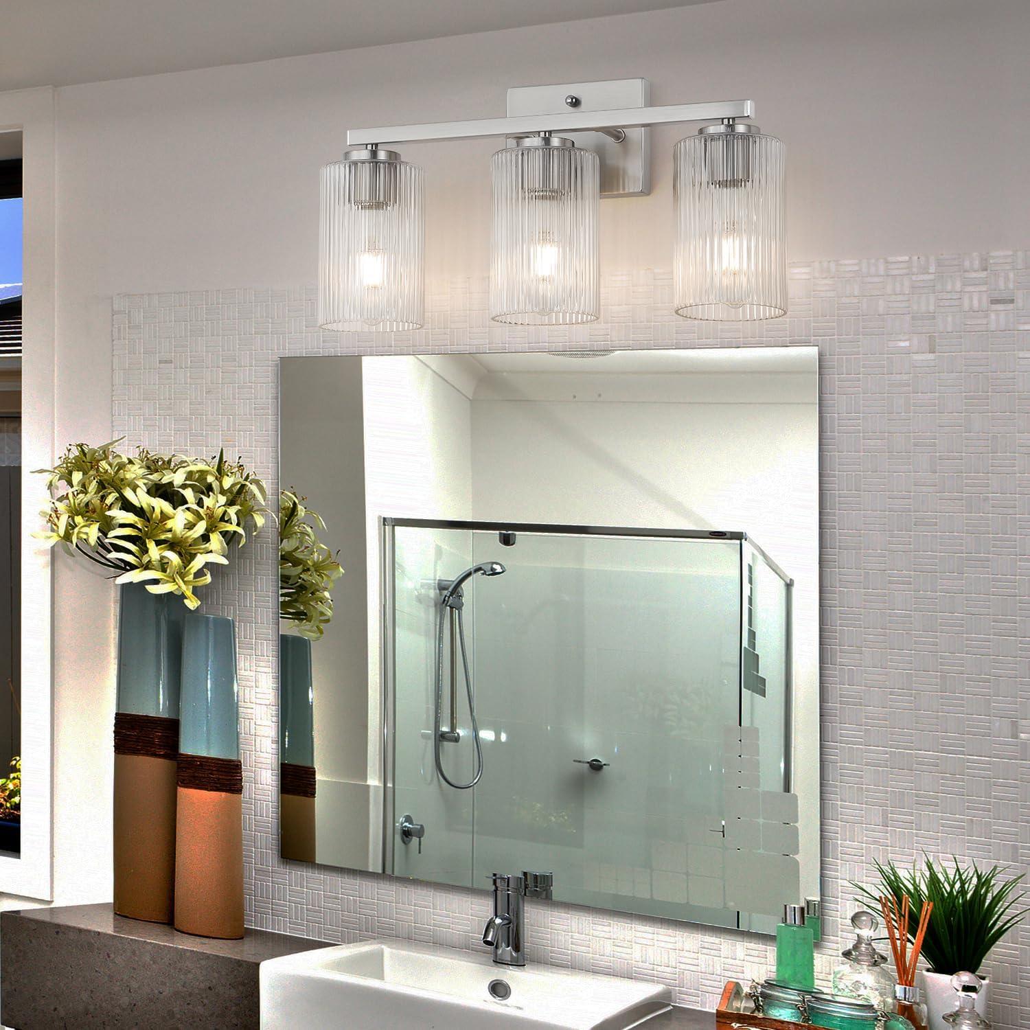 Brushed Nickel 3-Light Bathroom Vanity with Textured Glass Shades