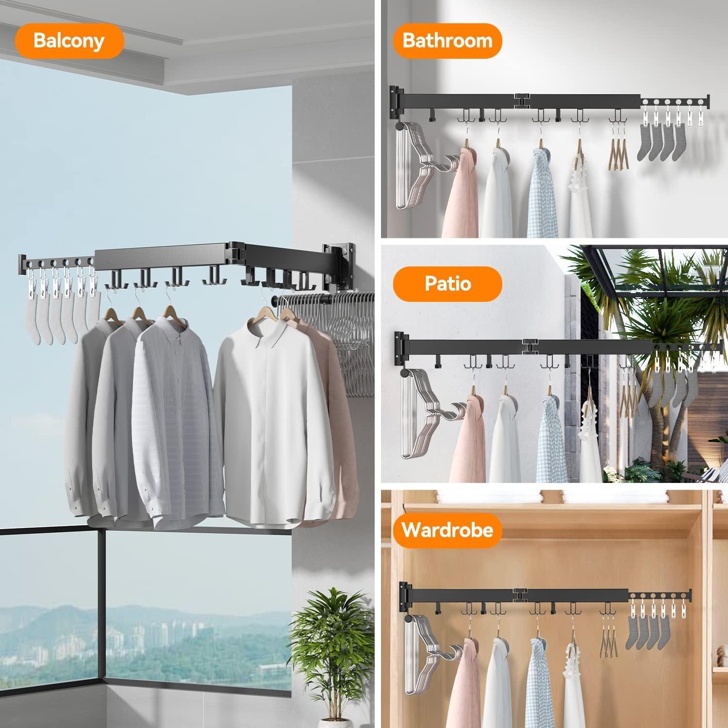 Black Wall Mounted Retractable Clothes Drying Rack with Hooks