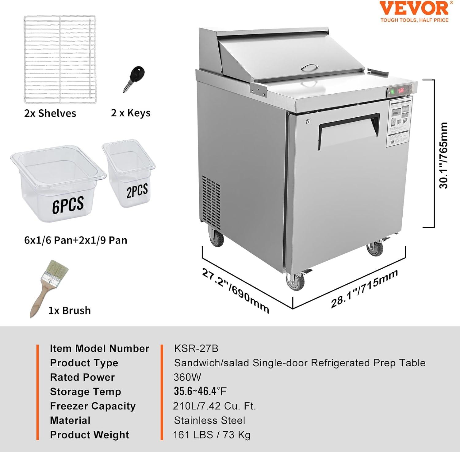 VEVOR 7.42 Cubic Feet Prep Refrigerator - 28''