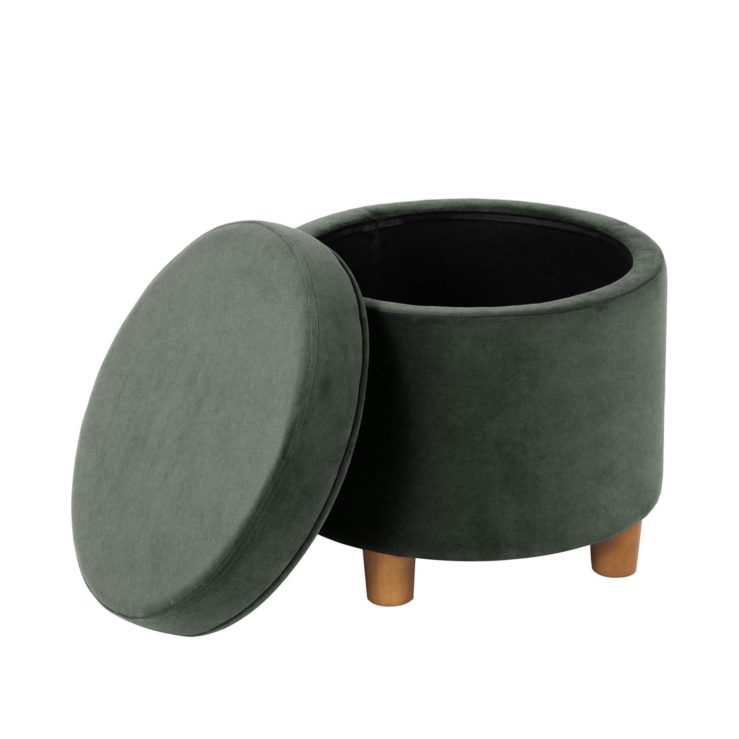 Round Storage Ottoman Loden Green - HomePop: Velvet Upholstered, Lift-Off Lid, Wood Legs, Bedroom & Living Room Furniture