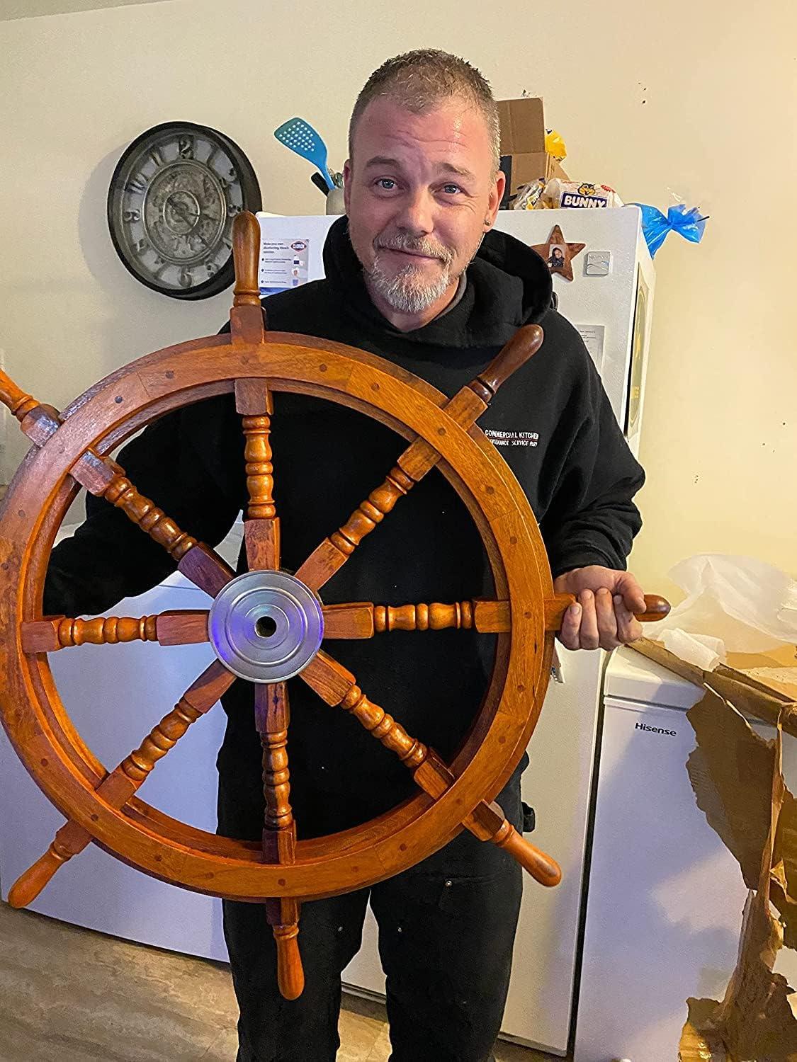 Nautical 30" Dark Brown Wooden Ship Wheel with Brass Accent