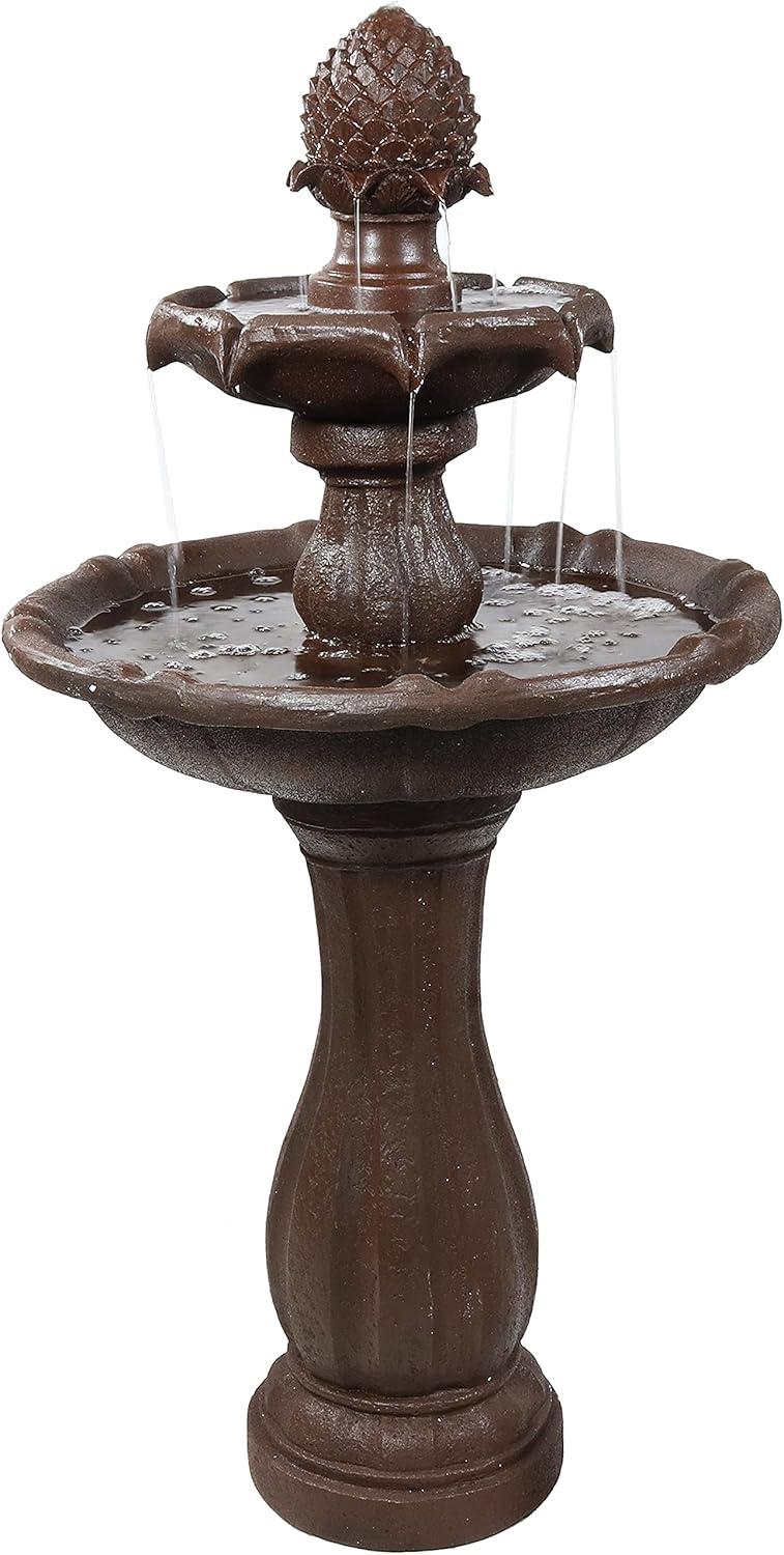 Sunnydaze Outdoor 2-Tier Pineapple Solar Powered Water Fountain with Battery Backup and Submersible Pump - 46" - Rust Finish