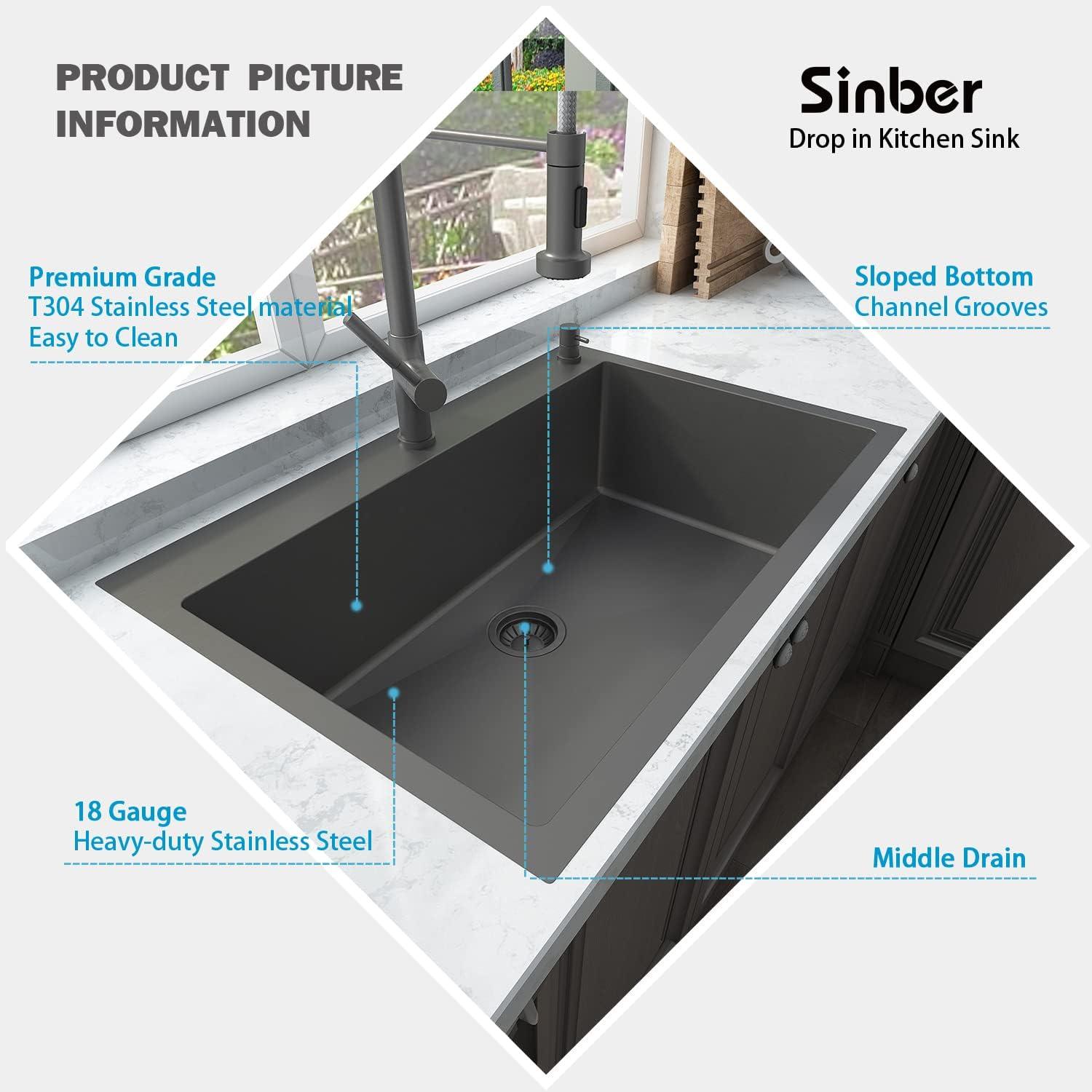 Sinber 33" x 22" Drop-In Single Bowl Kitchen Sink with 18 Gauge 304 Stainless Steel Polished Black Finish