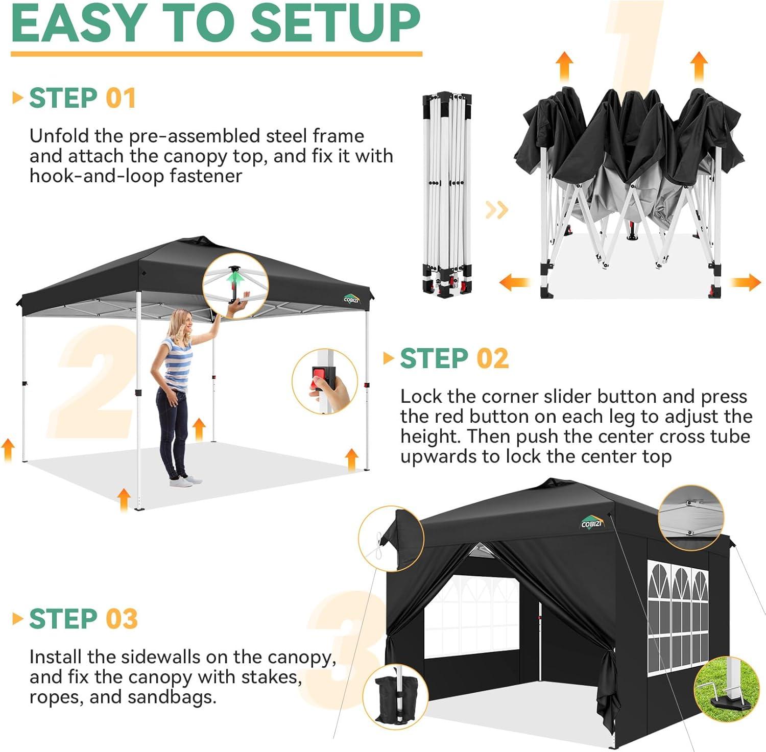 COBIZI 10X10 Ez Pop Up Canopy Tent Outdoor Event Shelter Party Tent One Person Quick Setup Portable Folding Waterproof Canopy Pop Up Tent for Party Camping Patio Beach,Black