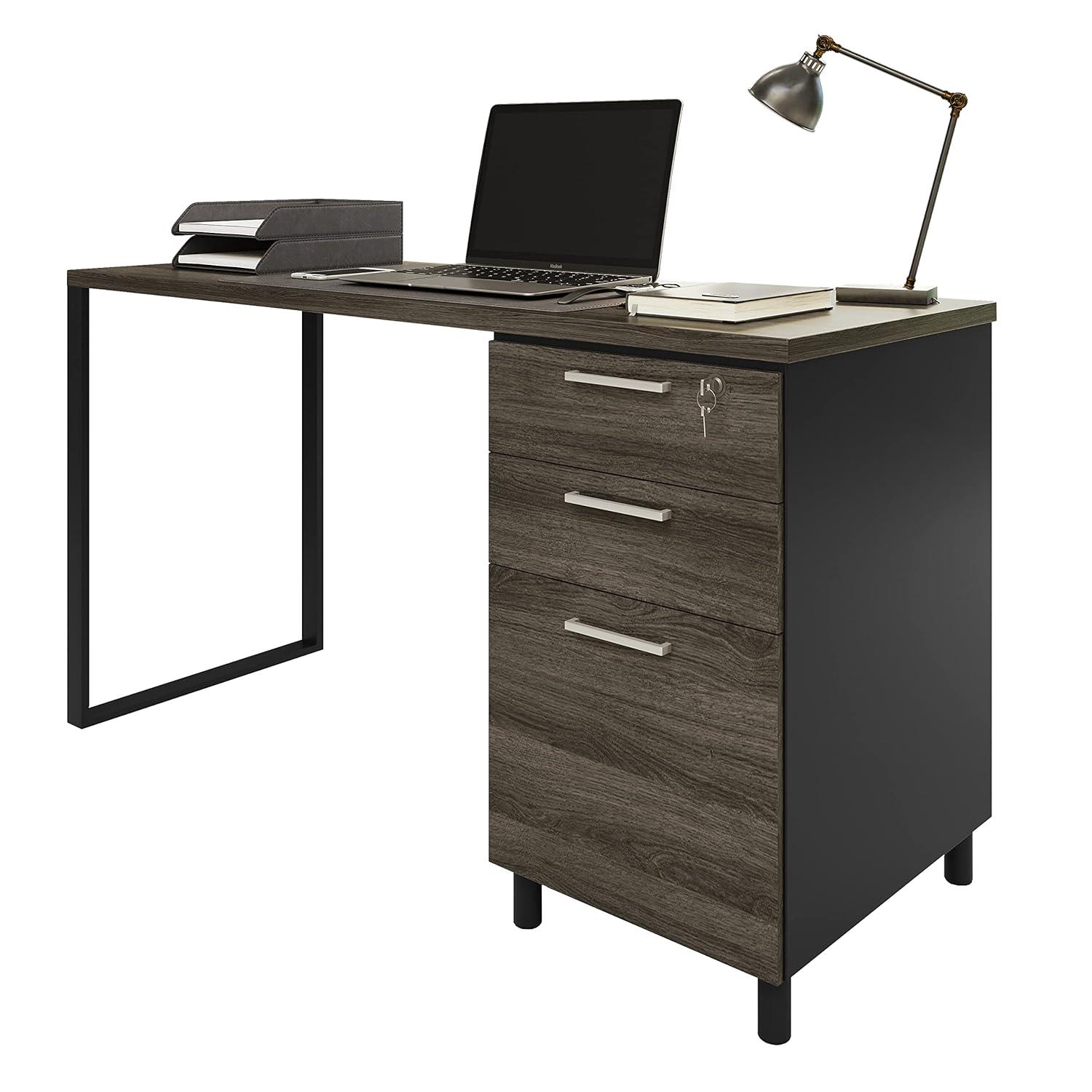 Modern Designs by Crafts and Comfort Milano Modern Home & Office Computer Desk - 47 Inch with 3 Locking Drawers - Wooden Study Writing Desk with Storage Space - Grey/Black