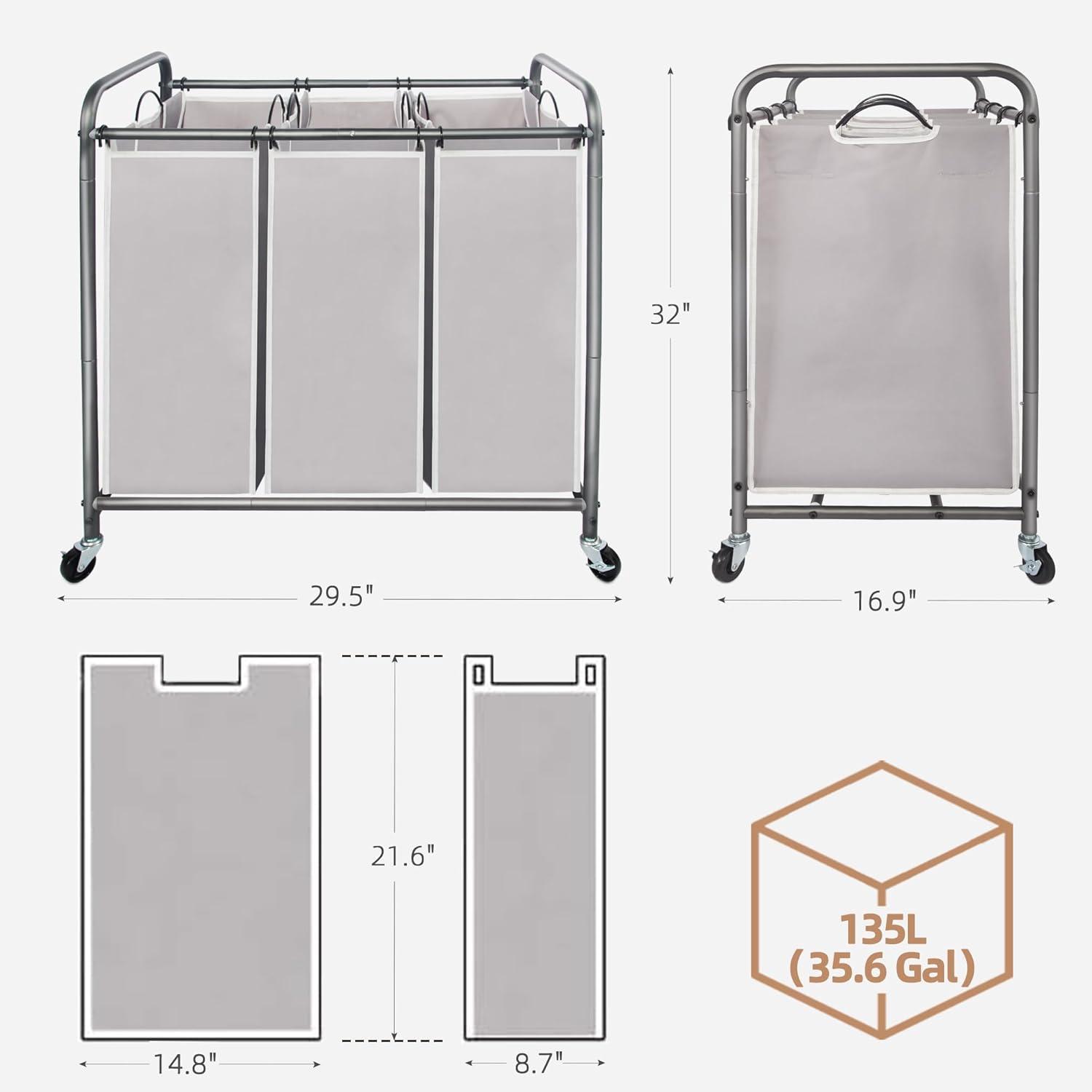 Gray 3-Bag Laundry Sorter with Wheels and Metal Frame