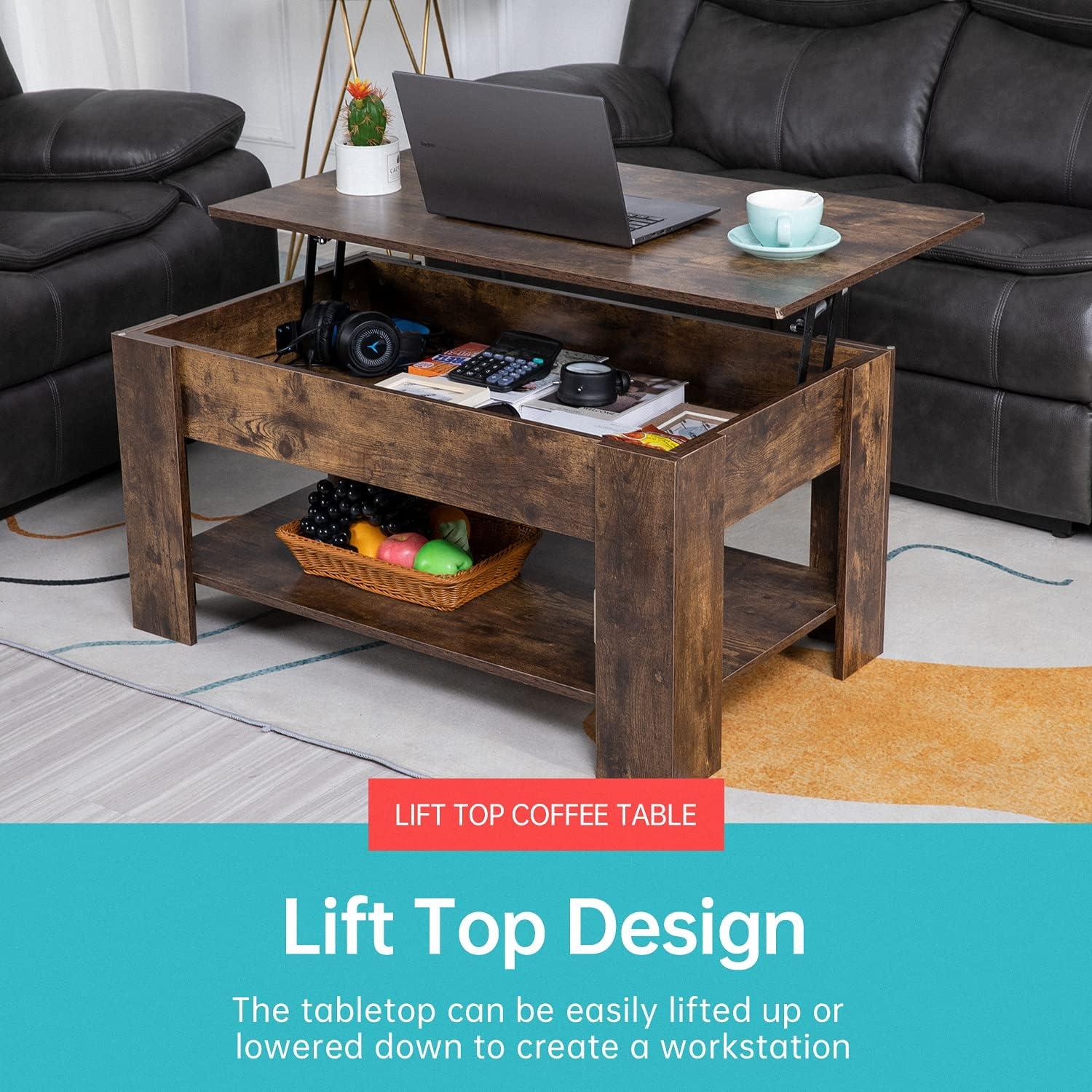 Brown Lift-Top Coffee Table with Storage Shelf