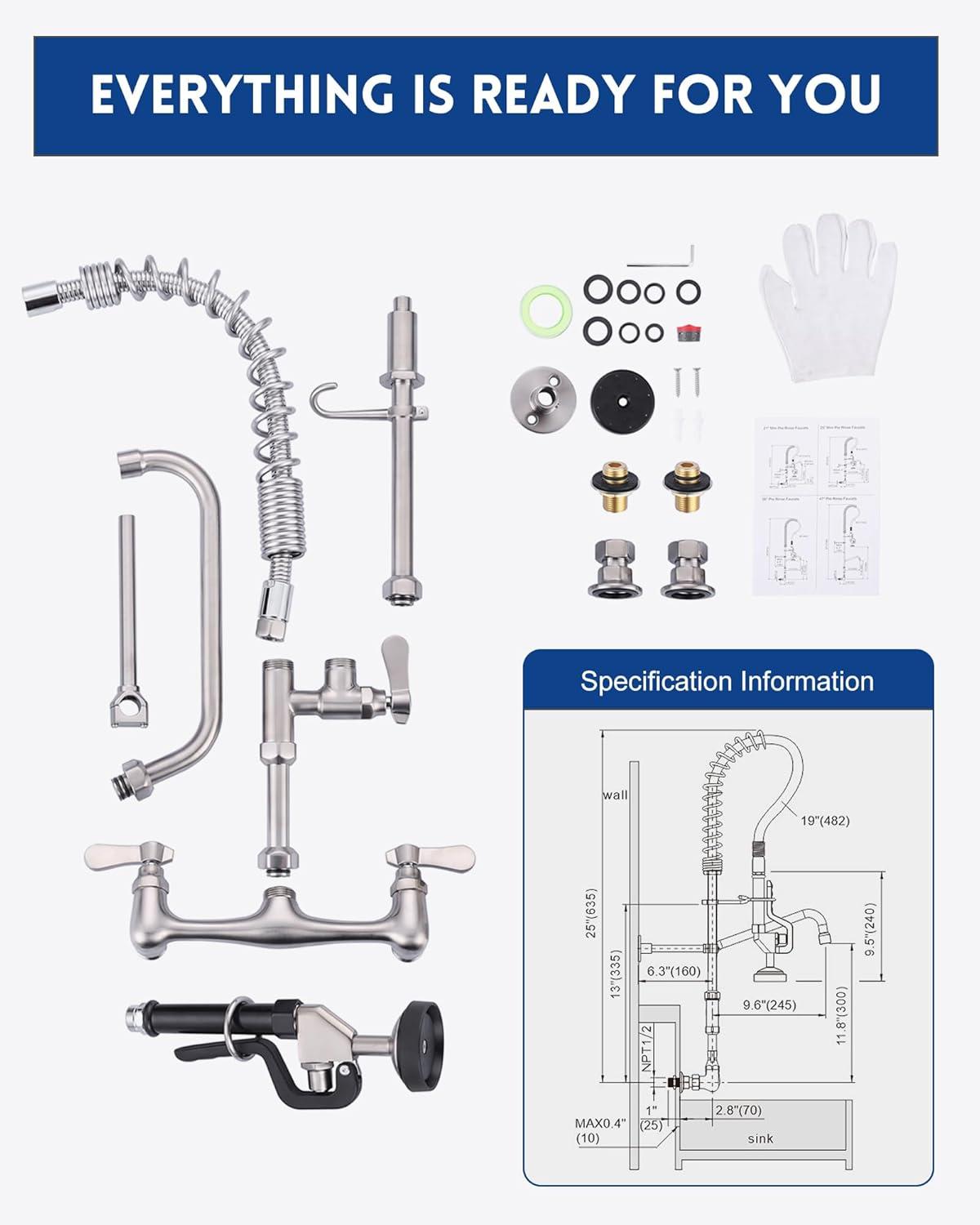 Brushed Nickel Wall Mount Commercial Kitchen Faucet with Pull Down Spray