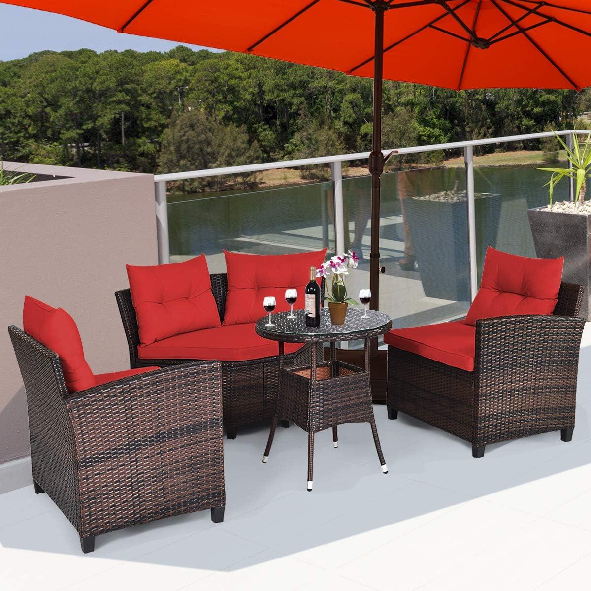 Costway 4PCS Outdoor Patio Rattan Furniture Set Cushioned Sofa Table Red