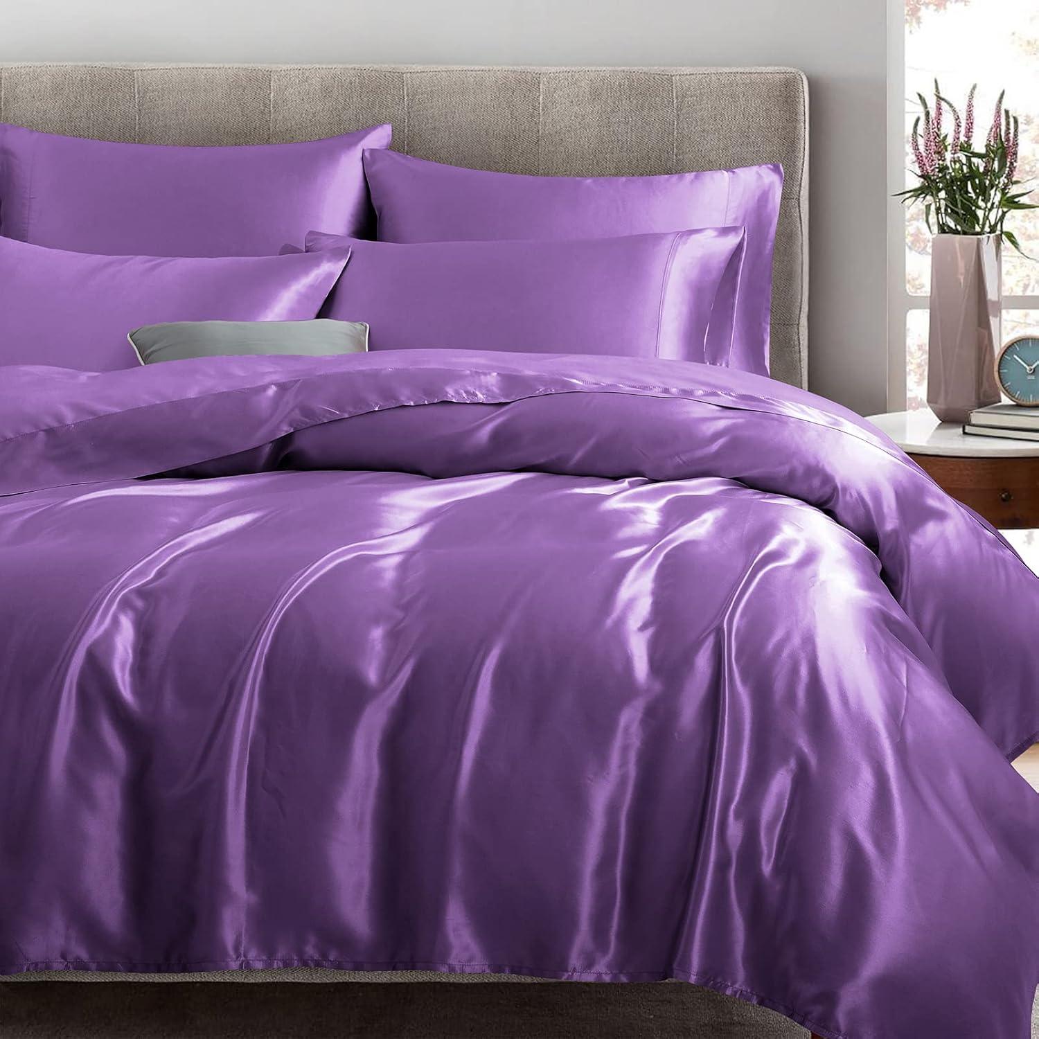 Hight Thread Count Solid Color Soft Silky Charmeuse Satin Luxury and Super Soft Bed Sheet Set (Purple, Queen)