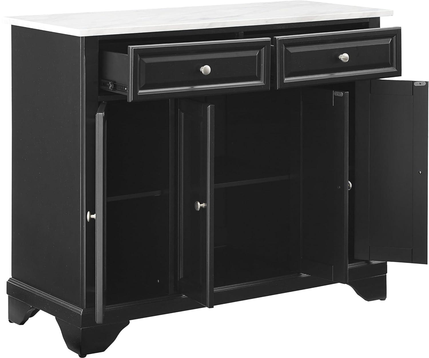Crosley 42" Avery Kitchen Island/Cart Distressed Black/White Marble: Traditional Style, 6 Shelves, 2 Drawers, Locking Wheels