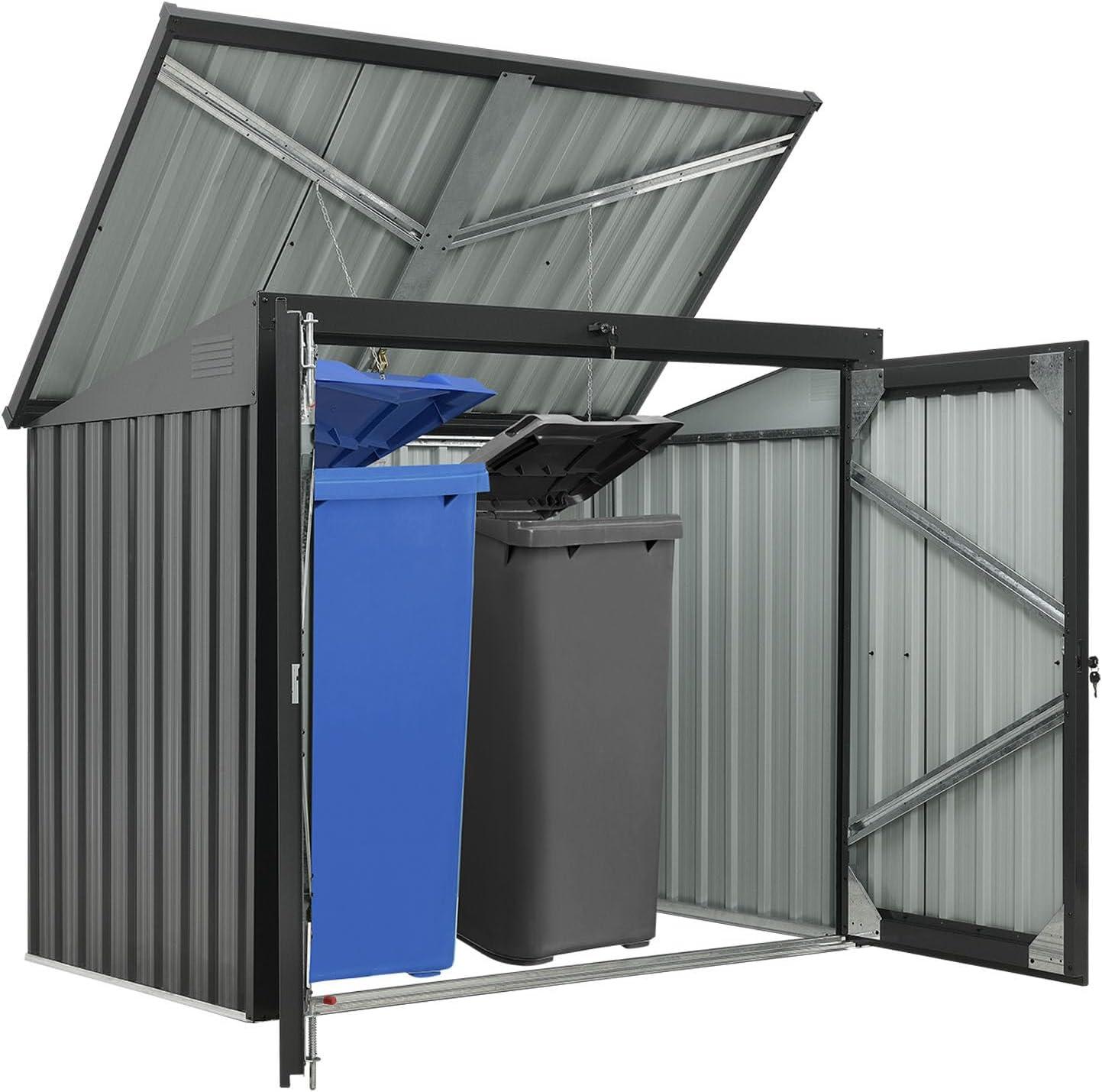 Hanover Trash and Recyclables Storage Shed | Pent Roof | Galvanized Steel | 2-Point Locking System | Stores 2 Trash Cans | 3.3-Ft. x 5.2-Ft. x 4.4-Ft. | Dark Gray | HANBINSHD-GRY