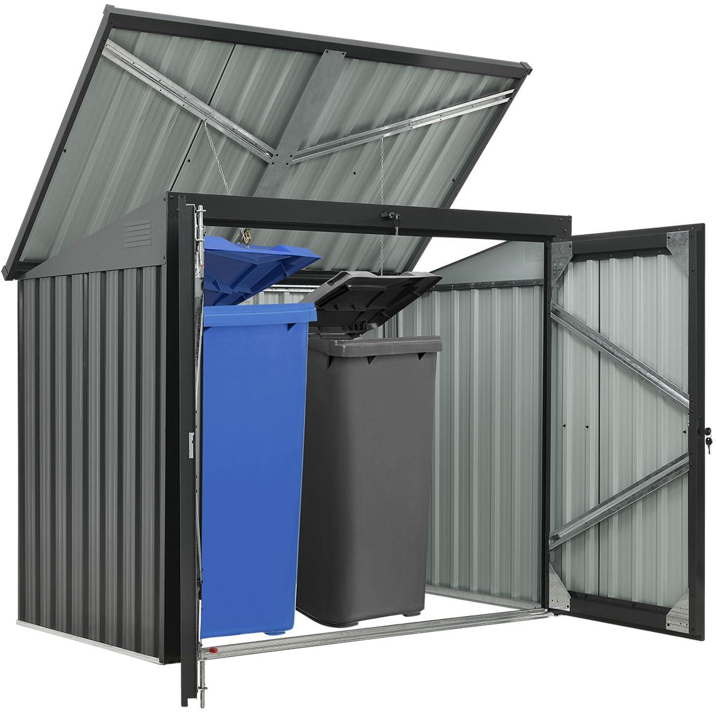 Hanover Trash and Recyclables Storage Shed | Pent Roof | Galvanized Steel | 2-Point Locking System | Stores 2 Trash Cans | 3.3-Ft. x 5.2-Ft. x 4.4-Ft. | Dark Gray | HANBINSHD-GRY